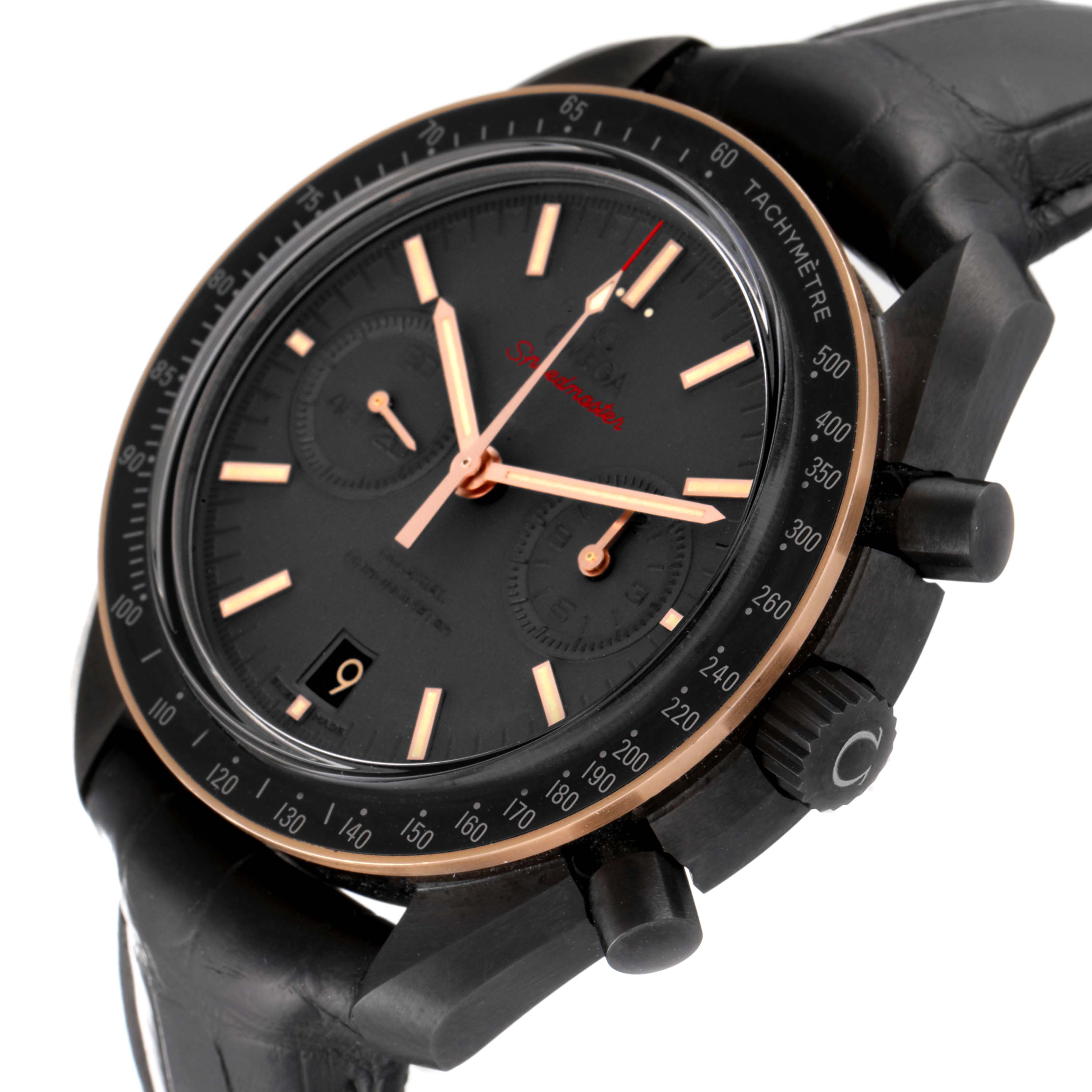 The image shows a close-up angle of an Omega Speedmaster 311.63.44.51.06.001 Men's Ceramic Grey Dial 311.63.44.51.06.001 Men's Ceramic Grey Dial watch displaying its face, crown, pushers, and part of the leather strap.