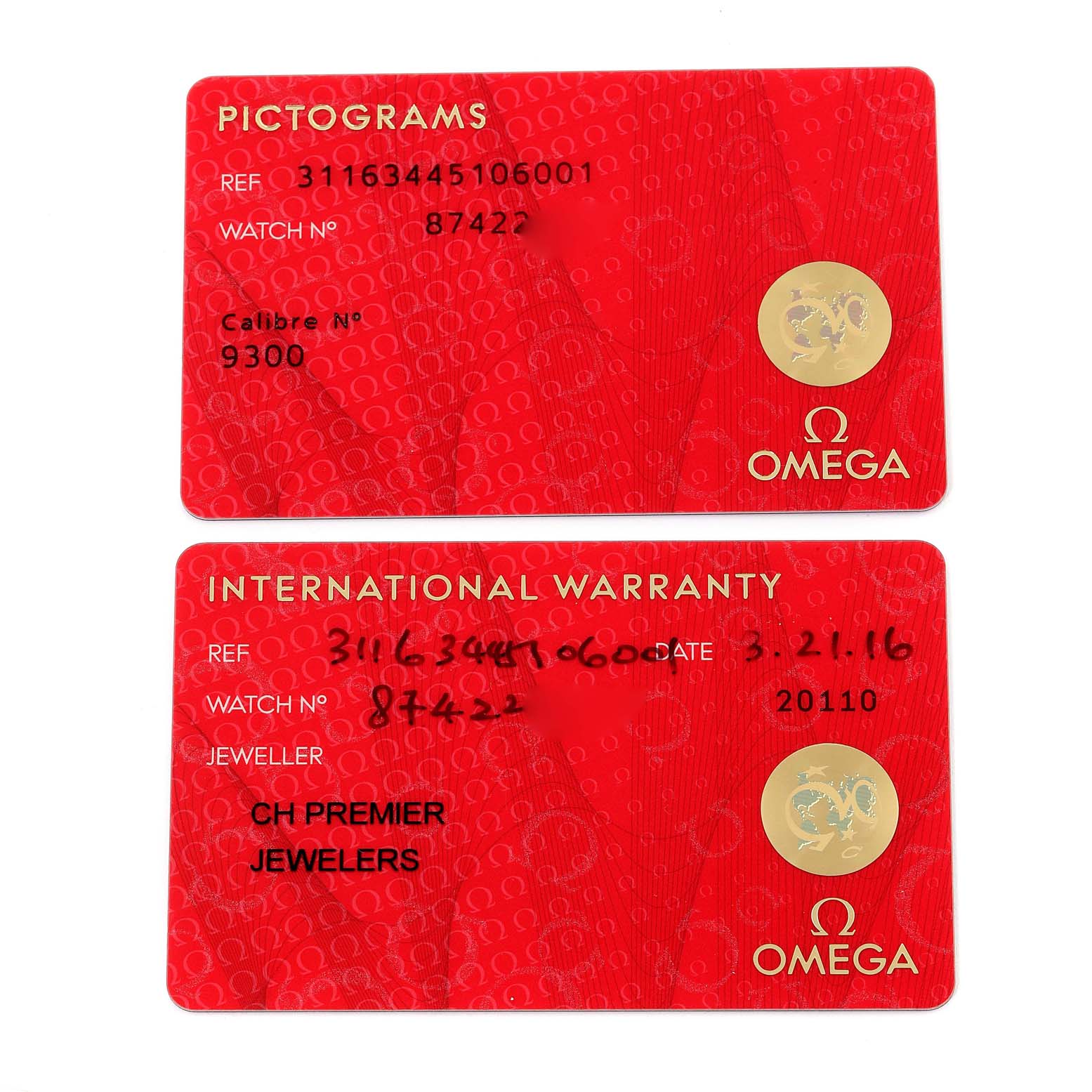 The image shows the warranty and pictograms cards for the Omega Speedmaster 311.63.44.51.06.001 Men's Ceramic Grey Dial 311.63.44.51.06.001 Men's Ceramic Grey Dial watch model.