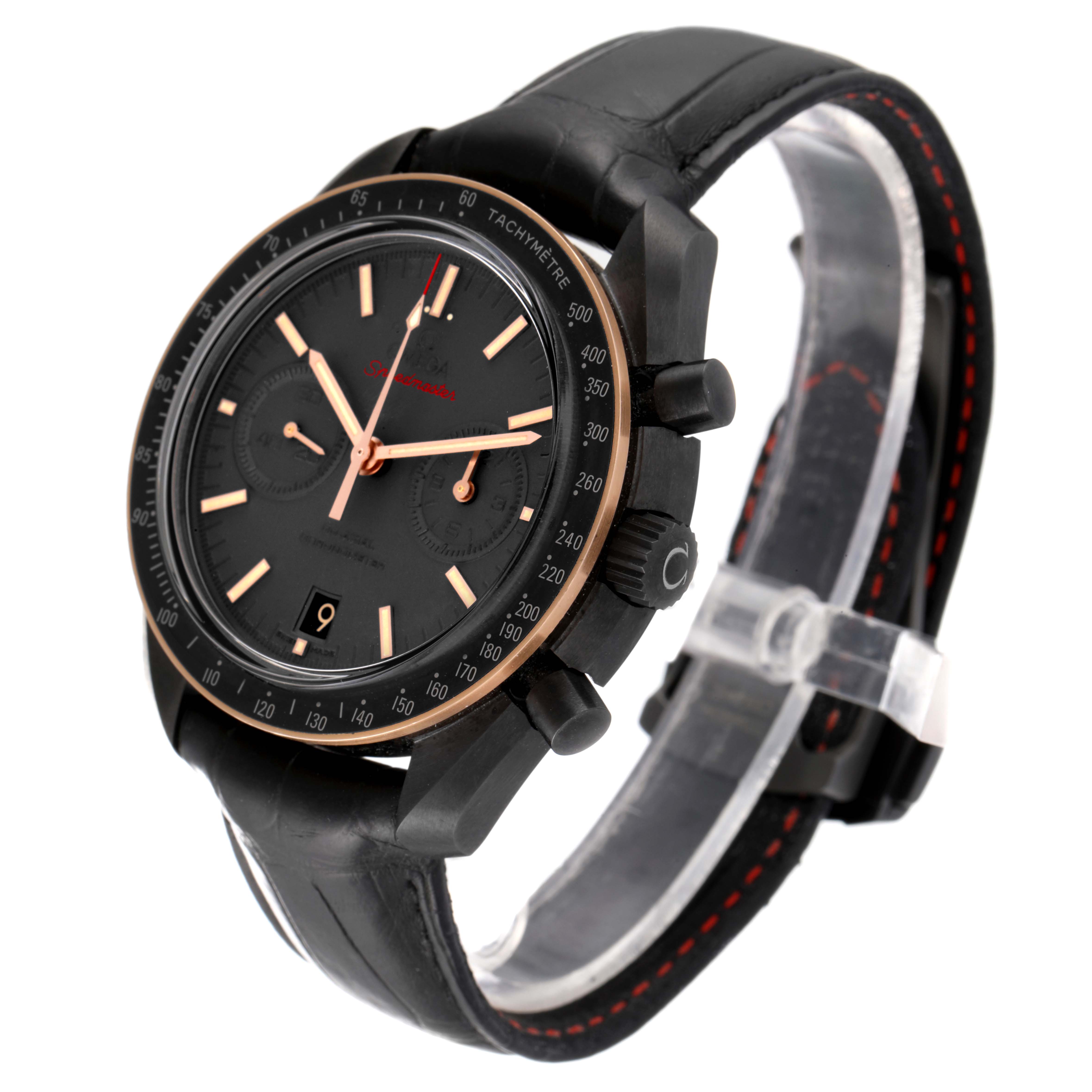 The Omega Speedmaster 311.63.44.51.06.001 Men's Ceramic Grey Dial 311.63.44.51.06.001 Men's Ceramic Grey Dial watch is displayed at a three-quarter angle, showing the face, bezel, side buttons, and strap.