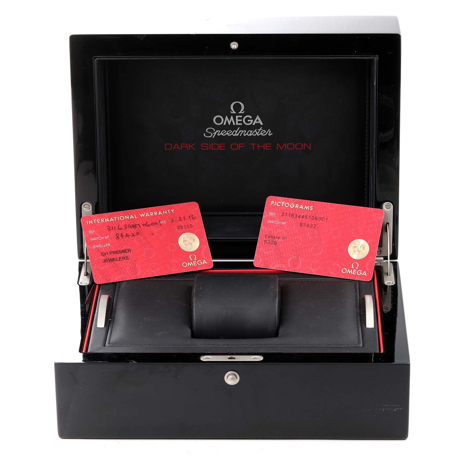 The image shows an Omega Speedmaster 311.63.44.51.06.001 Men's Ceramic Grey Dial 311.63.44.51.06.001 Men's Ceramic Grey Dial "Dark Side of the Moon" watch box from a front angle, including warranty and pictogram cards.