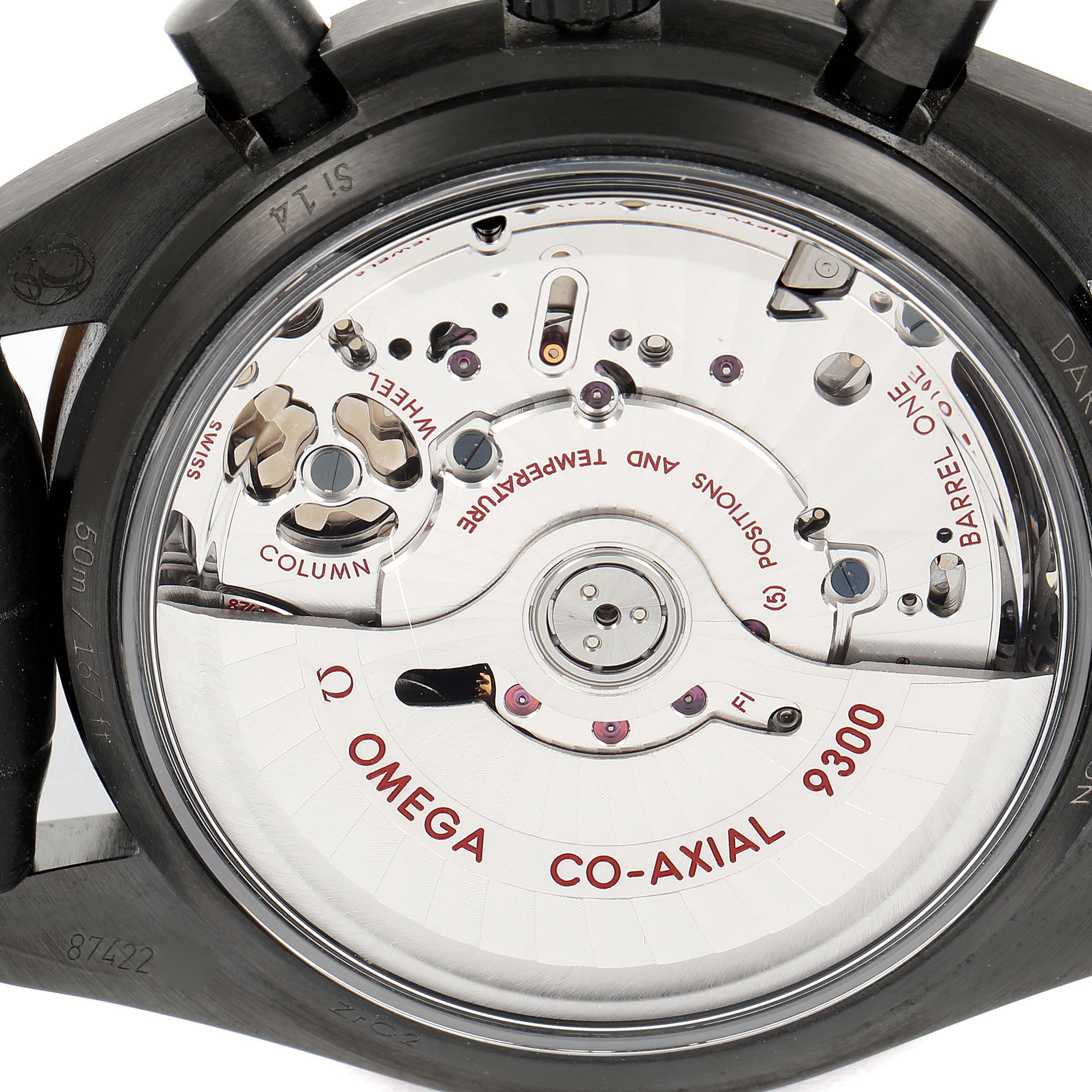 This is a close-up view of the Omega Speedmaster 311.63.44.51.06.001 Men's Ceramic Grey Dial 311.63.44.51.06.001 Men's Ceramic Grey Dial's back, showcasing the co-axial 9300 movement.