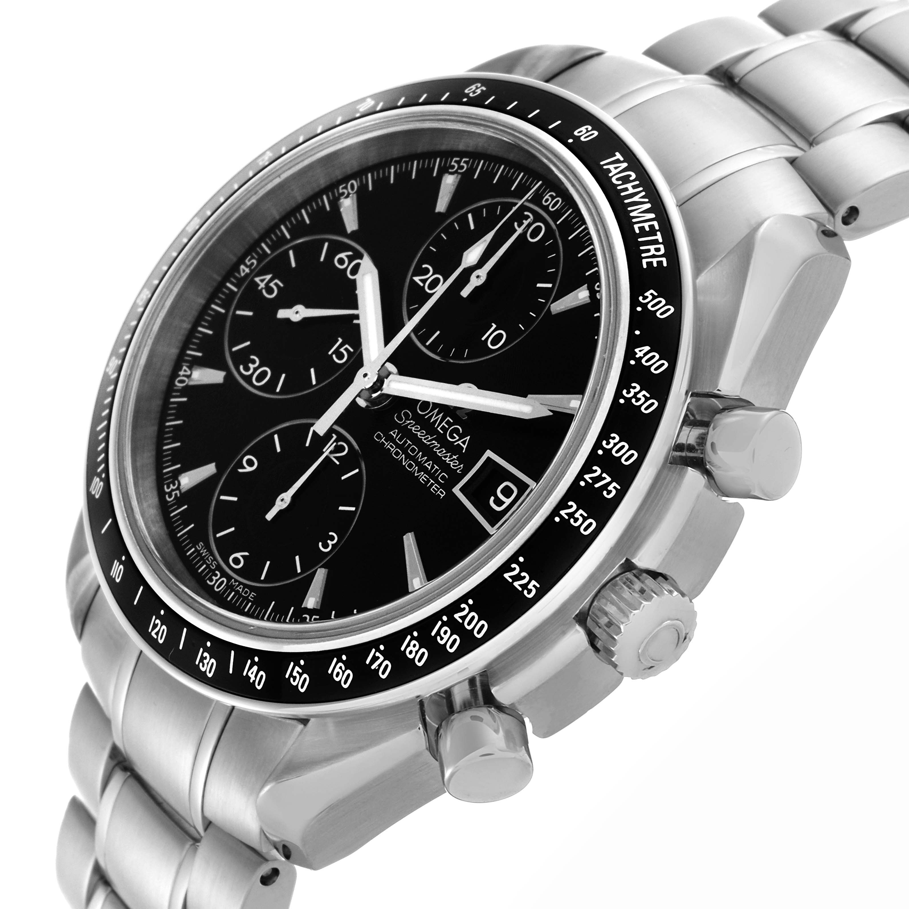 The Omega Speedmaster 3210.50.00 Men
s Stainless Steel Black Dial 3210.50.00 Men
s Stainless Steel Black Dial watch is shown from a three-quarter angle, highlighting the bezel, dial, crown, pushers, and bracelet.