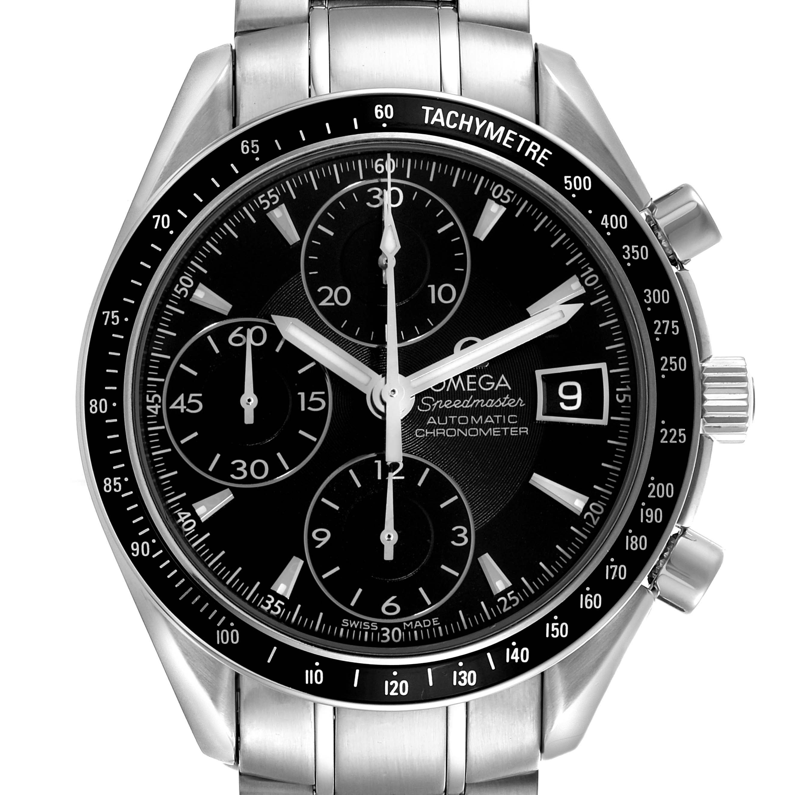 The image shows an Omega Speedmaster 3210.50.00 Men
s Stainless Steel Black Dial 3210.50.00 Men
s Stainless Steel Black Dial watch from a front angle, highlighting the dial, subdials, crown, and tachymeter bezel.