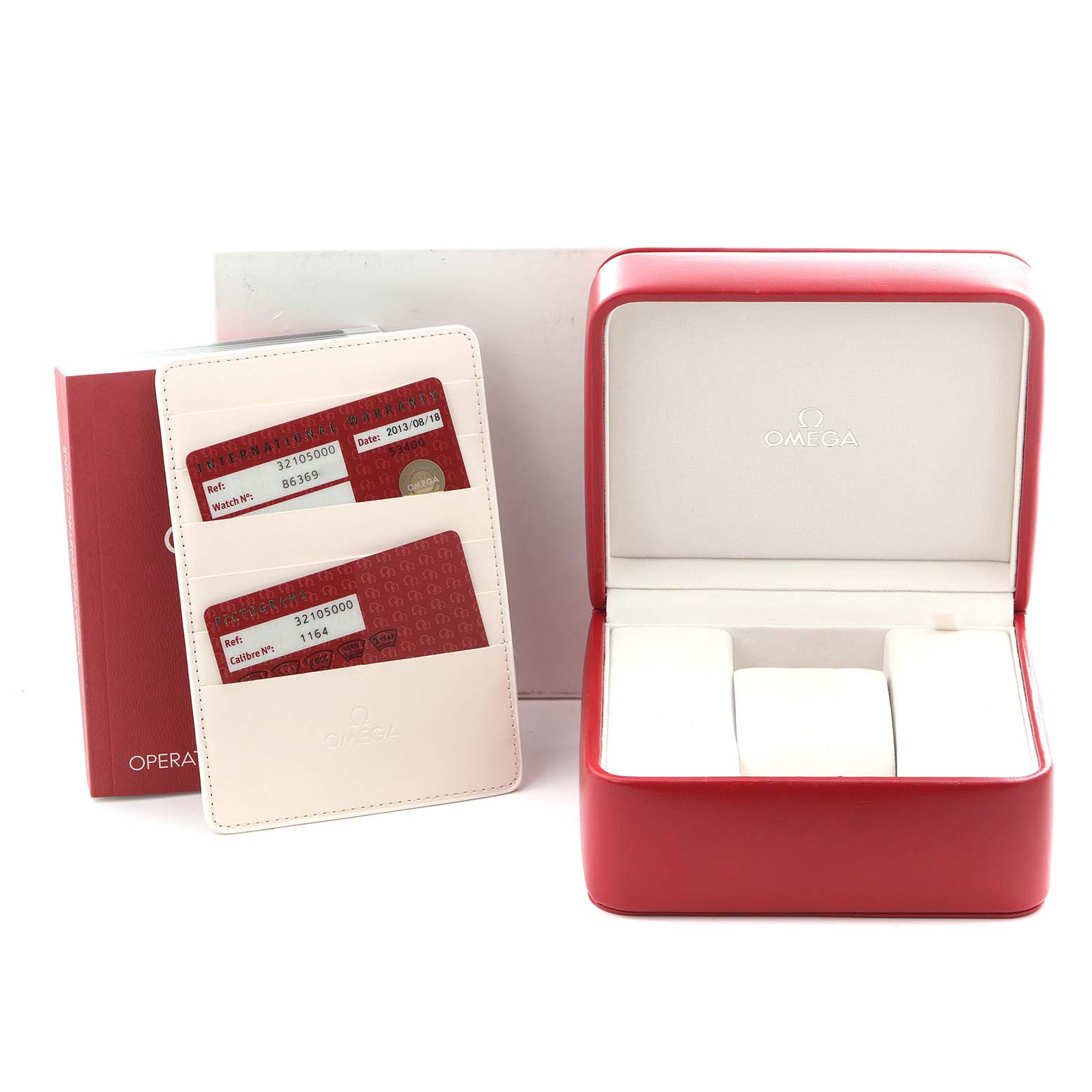 The image shows the Omega Speedmaster 3210.50.00 Men
s Stainless Steel Black Dial 3210.50.00 Men
s Stainless Steel Black Dial watch box, warranty cards, and a cardholder from a frontal angle.