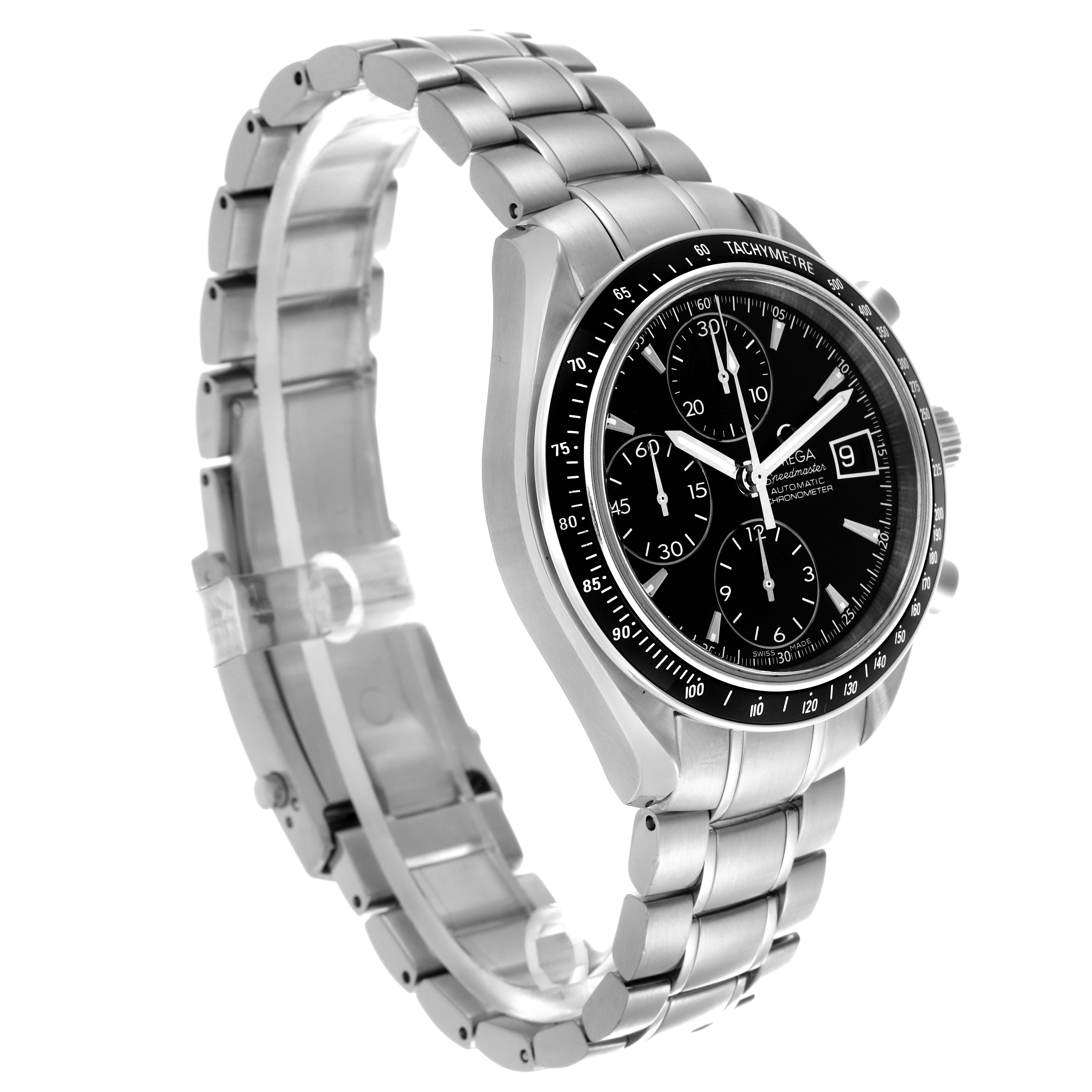 The Omega Speedmaster 3210.50.00 Men
s Stainless Steel Black Dial 3210.50.00 Men
s Stainless Steel Black Dial watch is shown at a three-quarter angle, displaying the bracelet, bezel, and dial with subdials and date.