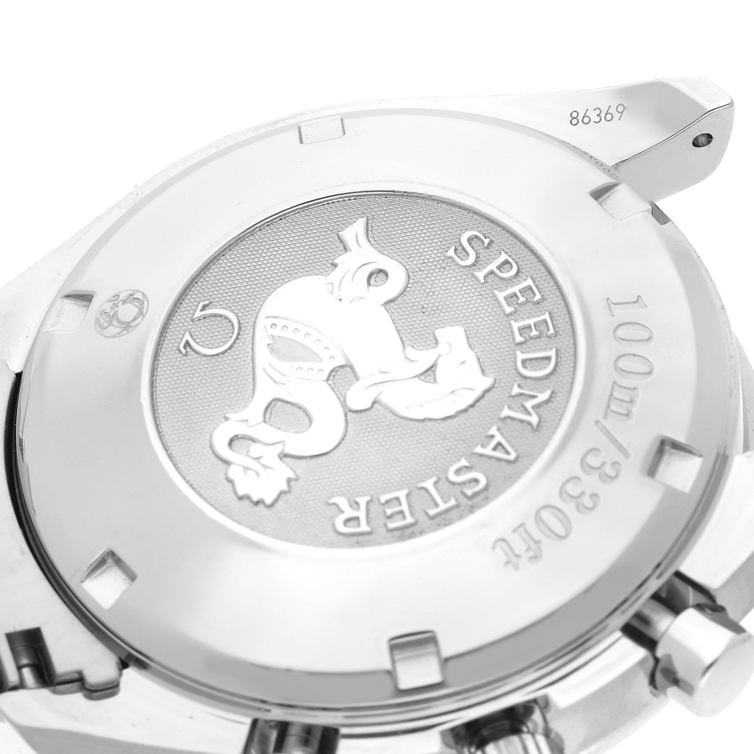 The image shows the case back of the Omega Speedmaster 3210.50.00 Men
s Stainless Steel Black Dial 3210.50.00 Men
s Stainless Steel Black Dial watch, highlighting the engraved logo and water resistance details.