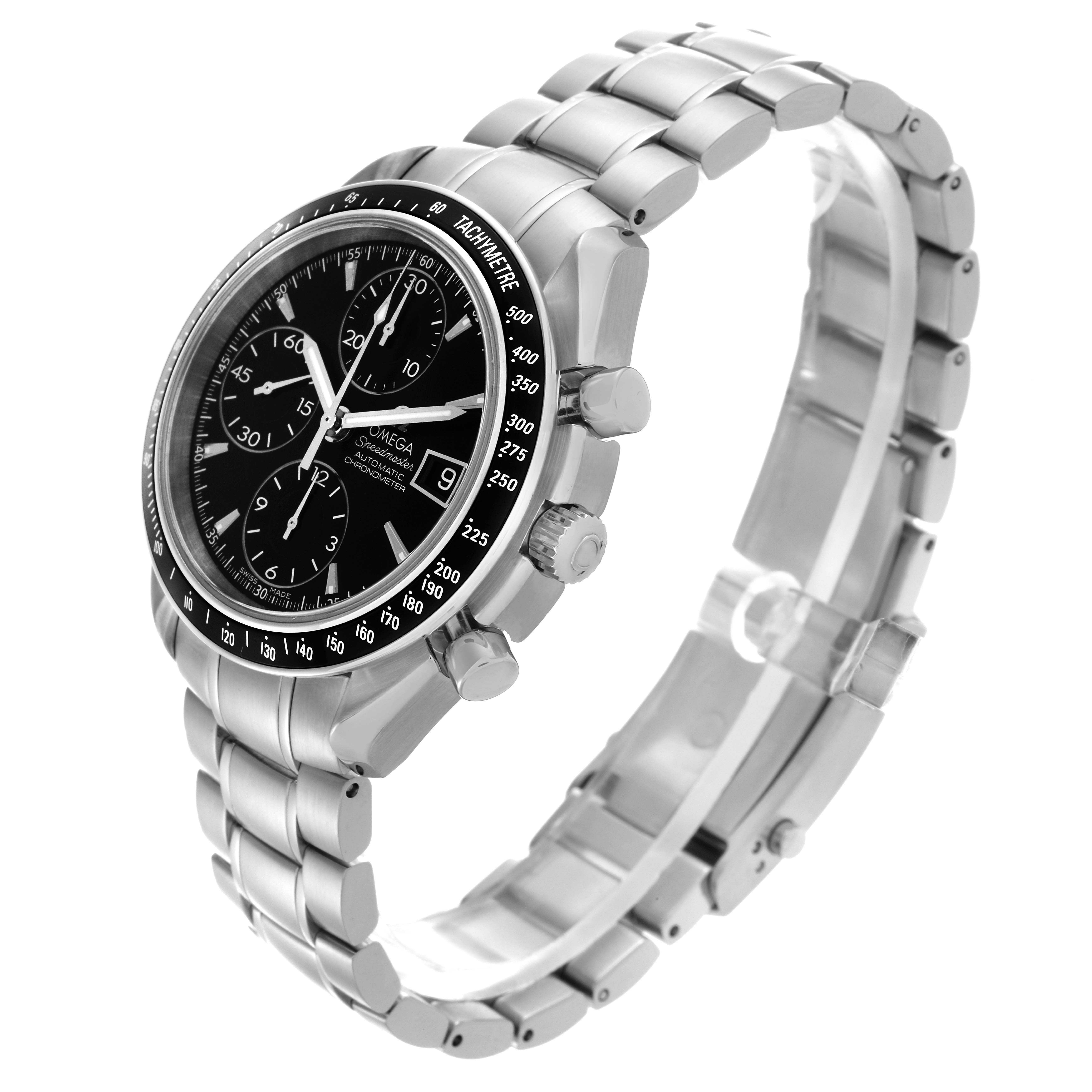 The Omega Speedmaster 3210.50.00 Men
s Stainless Steel Black Dial 3210.50.00 Men
s Stainless Steel Black Dial watch is shown at a side angle, highlighting its face, bezel, crown, pushers, and stainless steel bracelet.