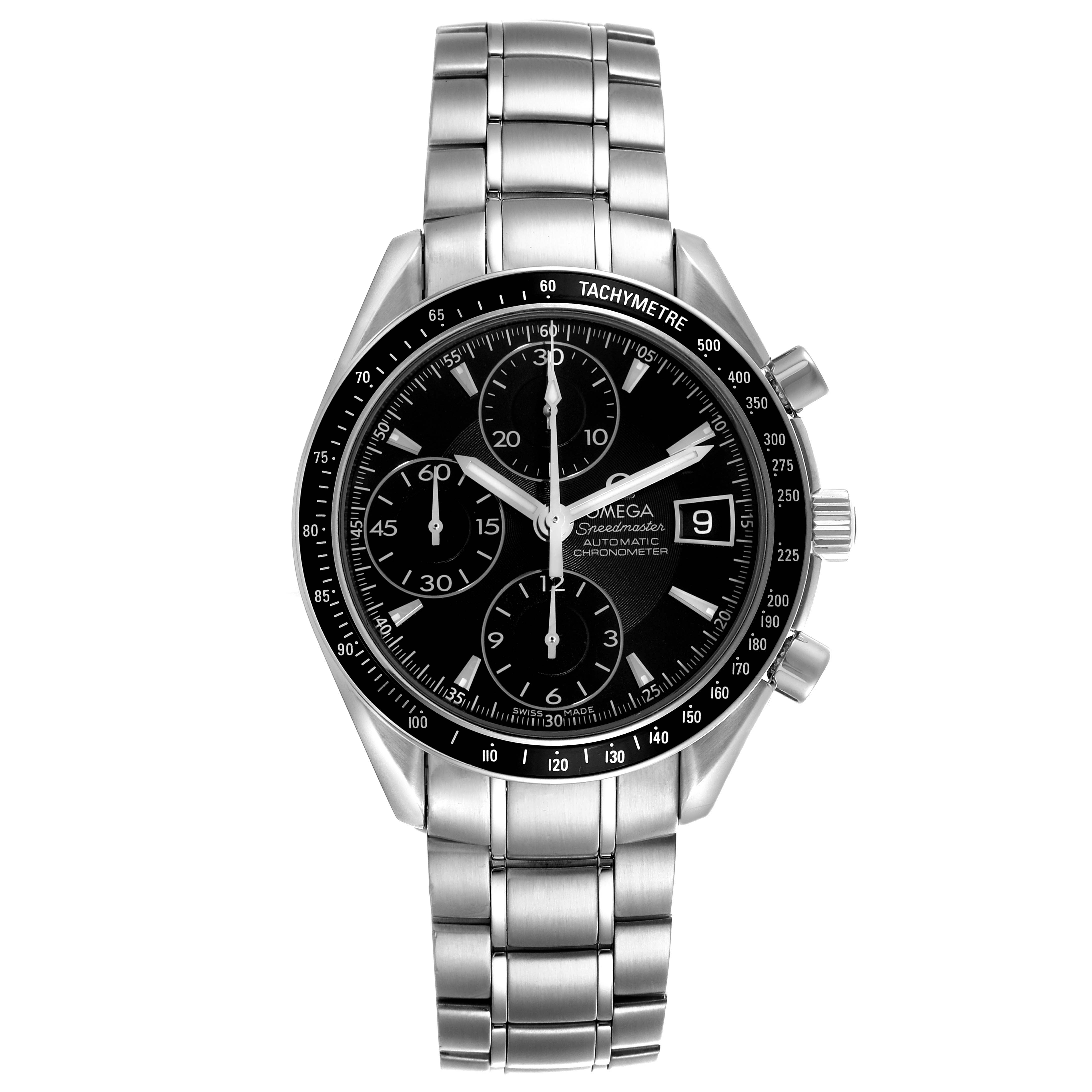 The Omega Speedmaster 3210.50.00 Men
s Stainless Steel Black Dial 3210.50.00 Men
s Stainless Steel Black Dial watch is shown from a top view, displaying its face, bezel, chronograph dials, and stainless steel bracelet.