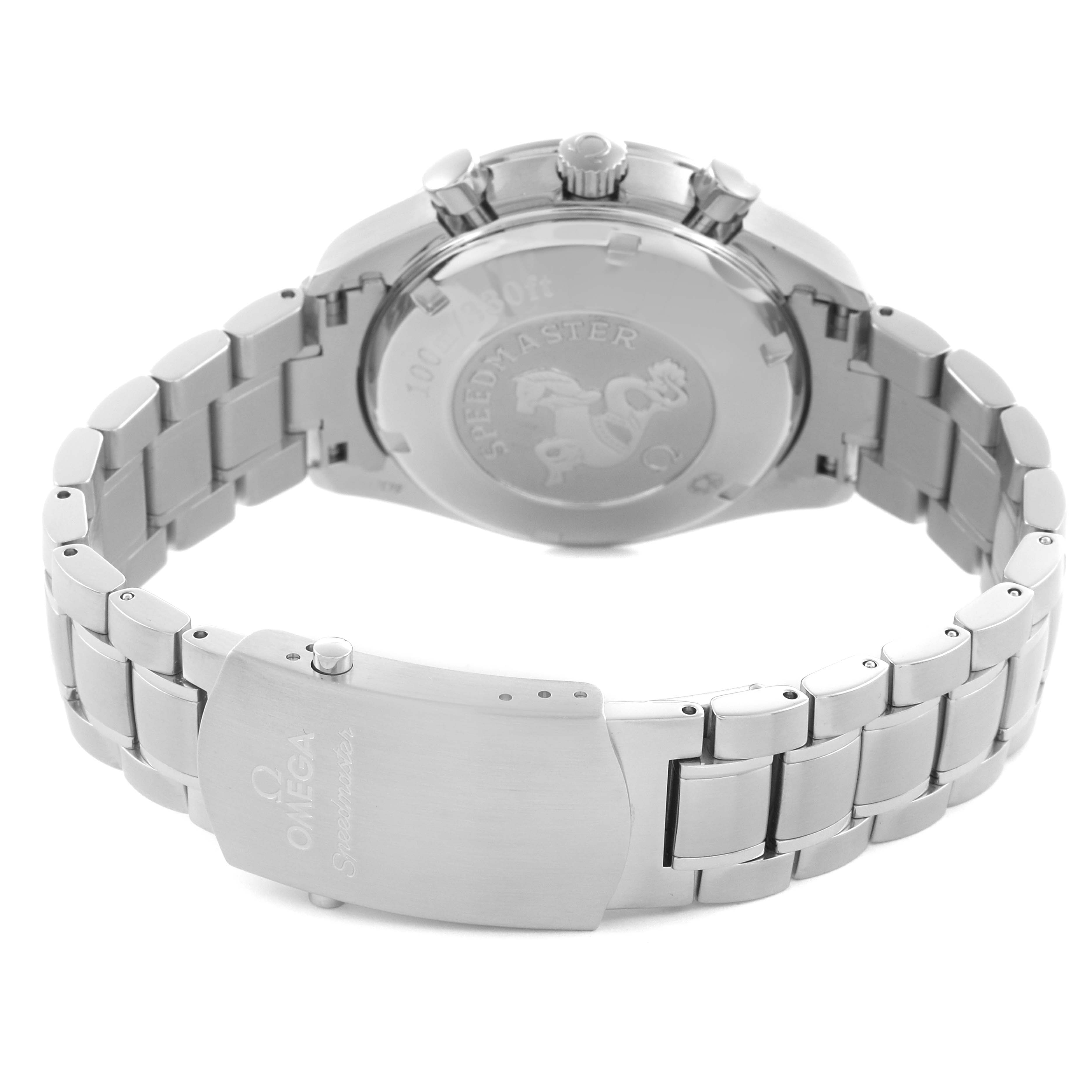 The Omega Speedmaster 3210.50.00 Men
s Stainless Steel Black Dial 3210.50.00 Men
s Stainless Steel Black Dial watch is shown from the back angle, highlighting the case back, bracelet, and clasp.