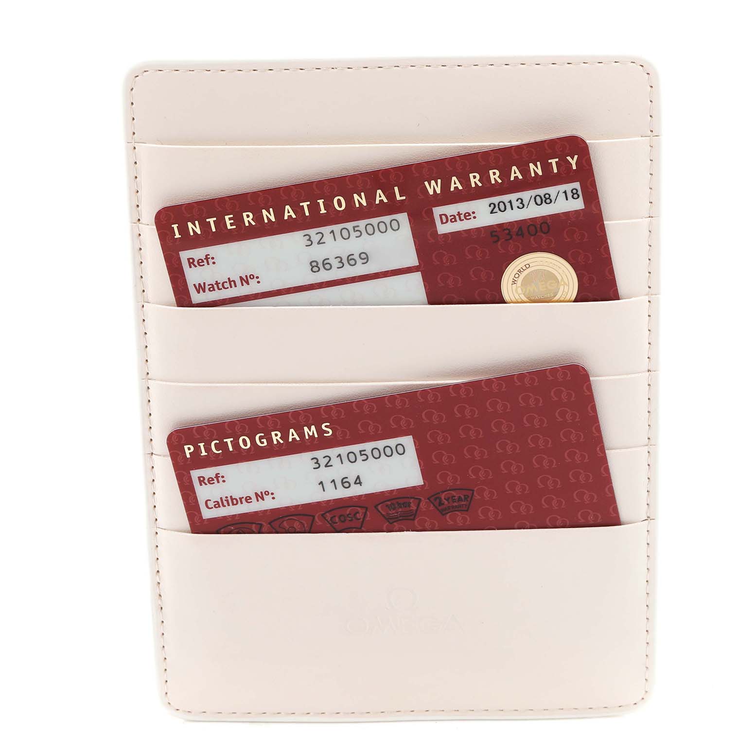 This image shows an Omega Speedmaster 3210.50.00 Men
s Stainless Steel Black Dial 3210.50.00 Men
s Stainless Steel Black Dial model
s warranty and pictogram cards in a card holder.