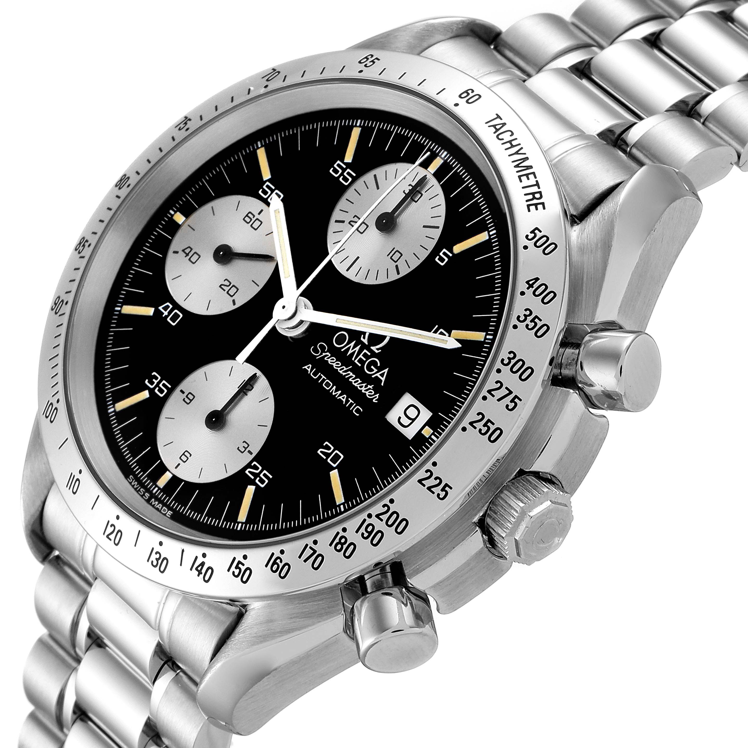 The image shows a close-up angle of the Omega Speedmaster 3511.50.00 Men
s Stainless Steel Black Dial 3511.50.00 Men
s Stainless Steel Black Dial watch displaying the dial, tachymetre, and part of the bracelet band.