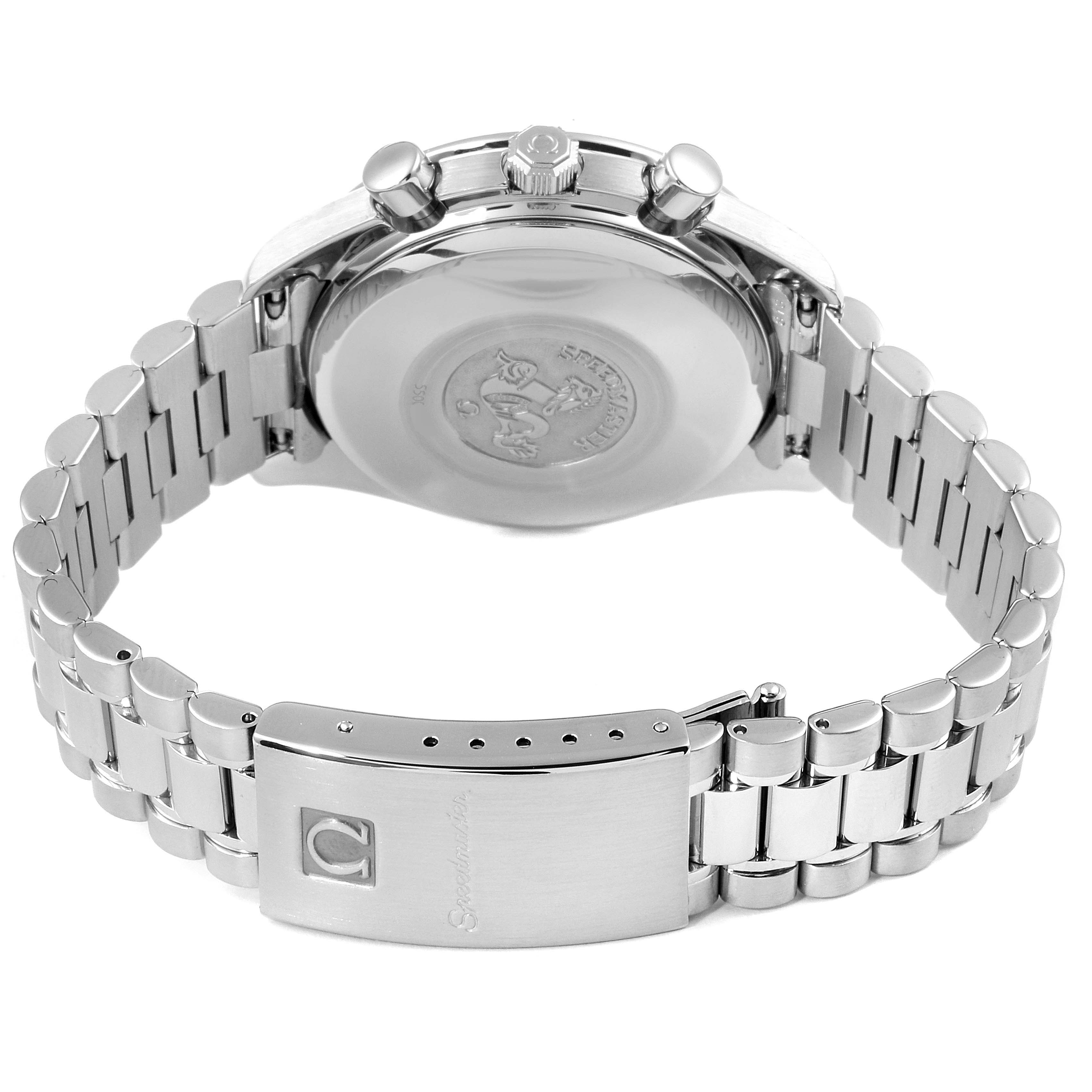 The image shows the back and clasp of an Omega Speedmaster 3511.50.00 Men
s Stainless Steel Black Dial 3511.50.00 Men
s Stainless Steel Black Dial watch from a rear angle.