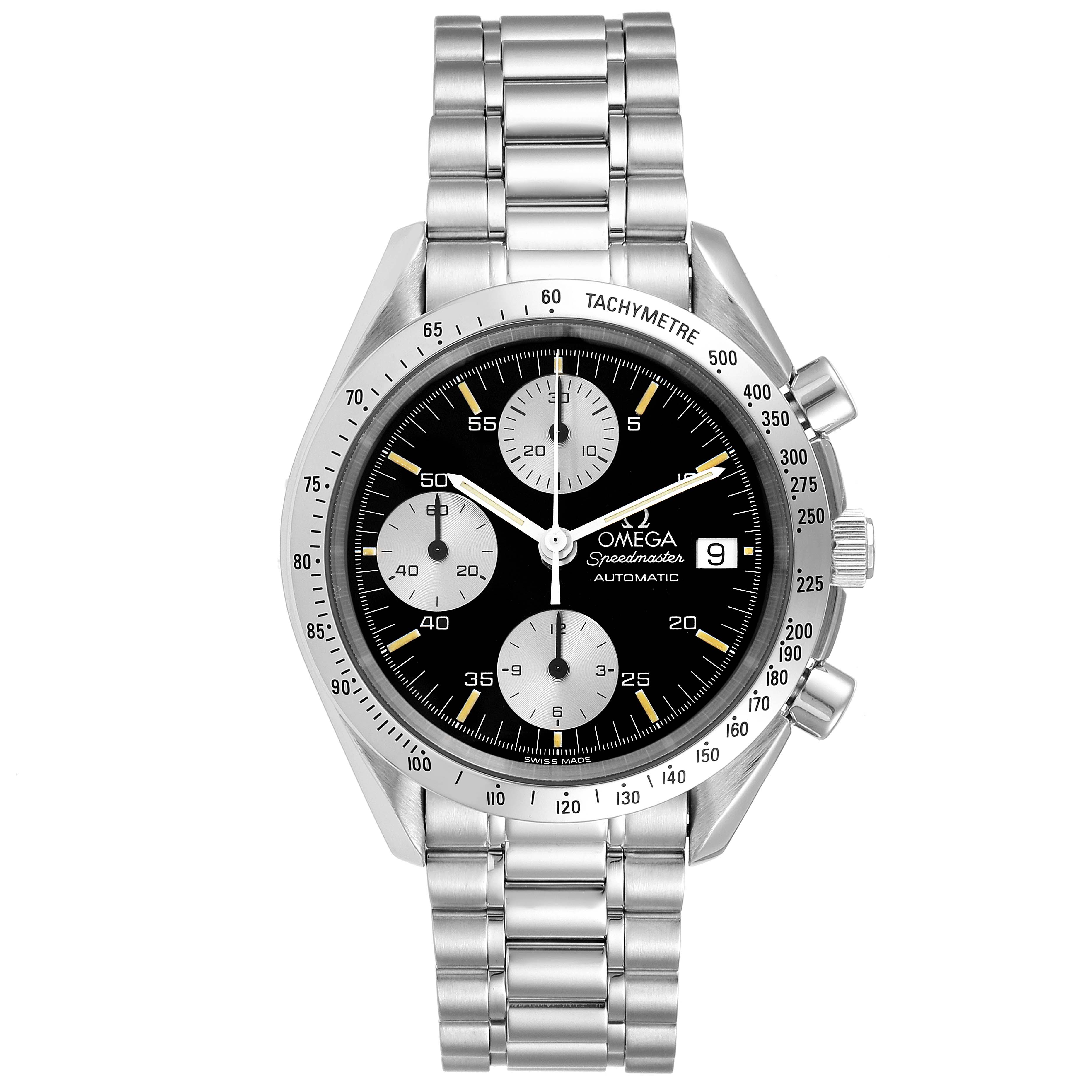 The image shows a frontal view of the Omega Speedmaster 3511.50.00 Men
s Stainless Steel Black Dial 3511.50.00 Men
s Stainless Steel Black Dial watch with its face, chronograph dials, and metal bracelet visible.