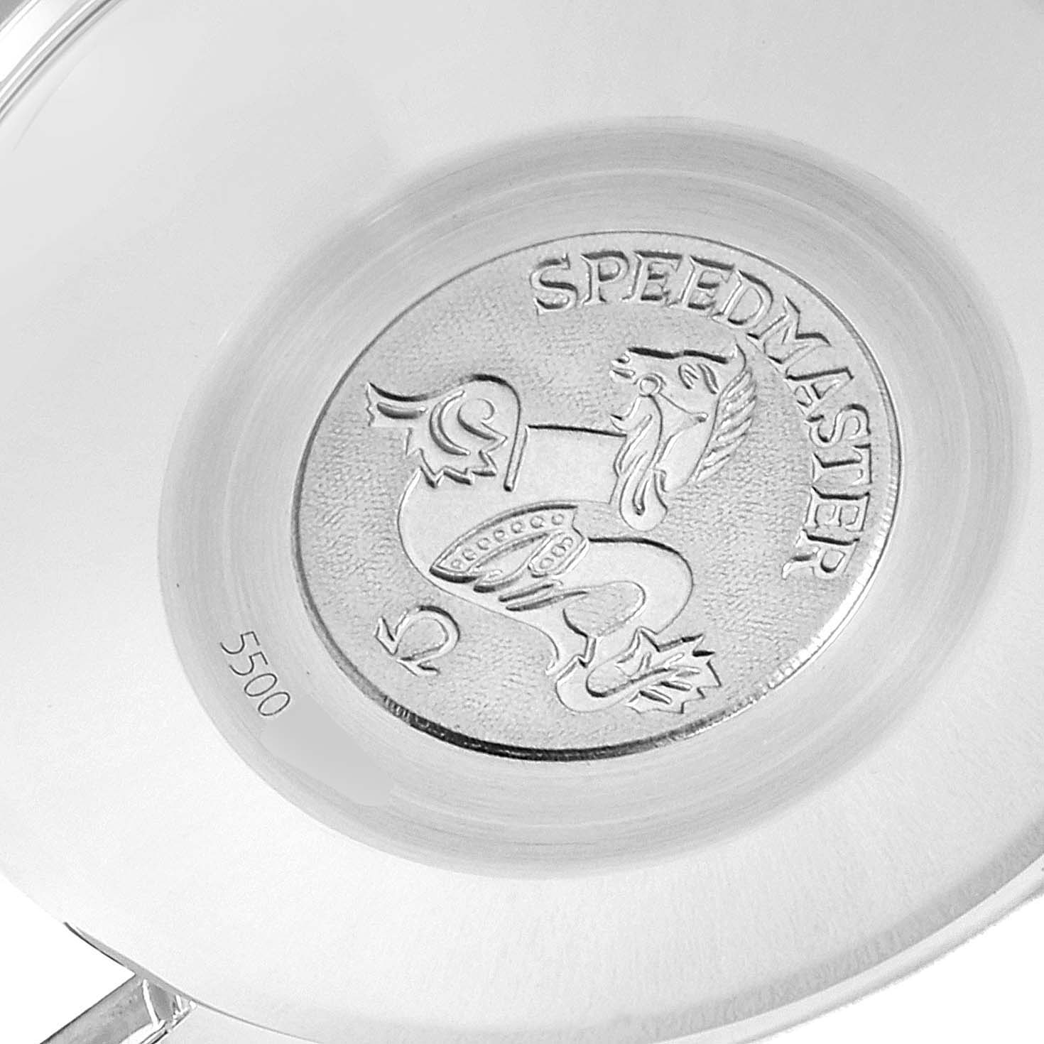 This image shows the back casing of an Omega Speedmaster 3511.50.00 Men
s Stainless Steel Black Dial 3511.50.00 Men
s Stainless Steel Black Dial watch, featuring the brand
s engraving and design.