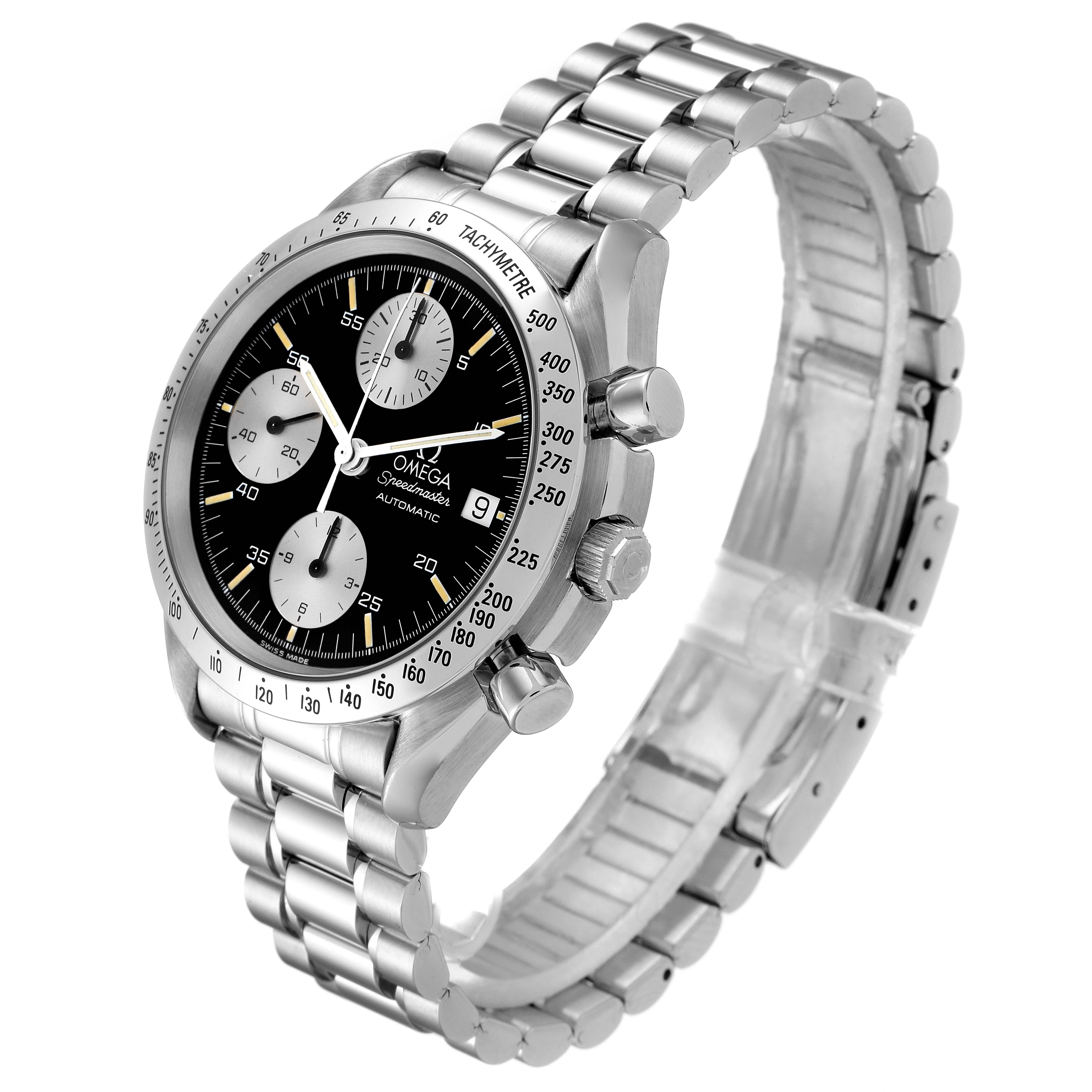 The Omega Speedmaster 3511.50.00 Men
s Stainless Steel Black Dial 3511.50.00 Men
s Stainless Steel Black Dial watch is shown at a three-quarter angle, displaying the face, bezel, crown, pushers, and bracelet.