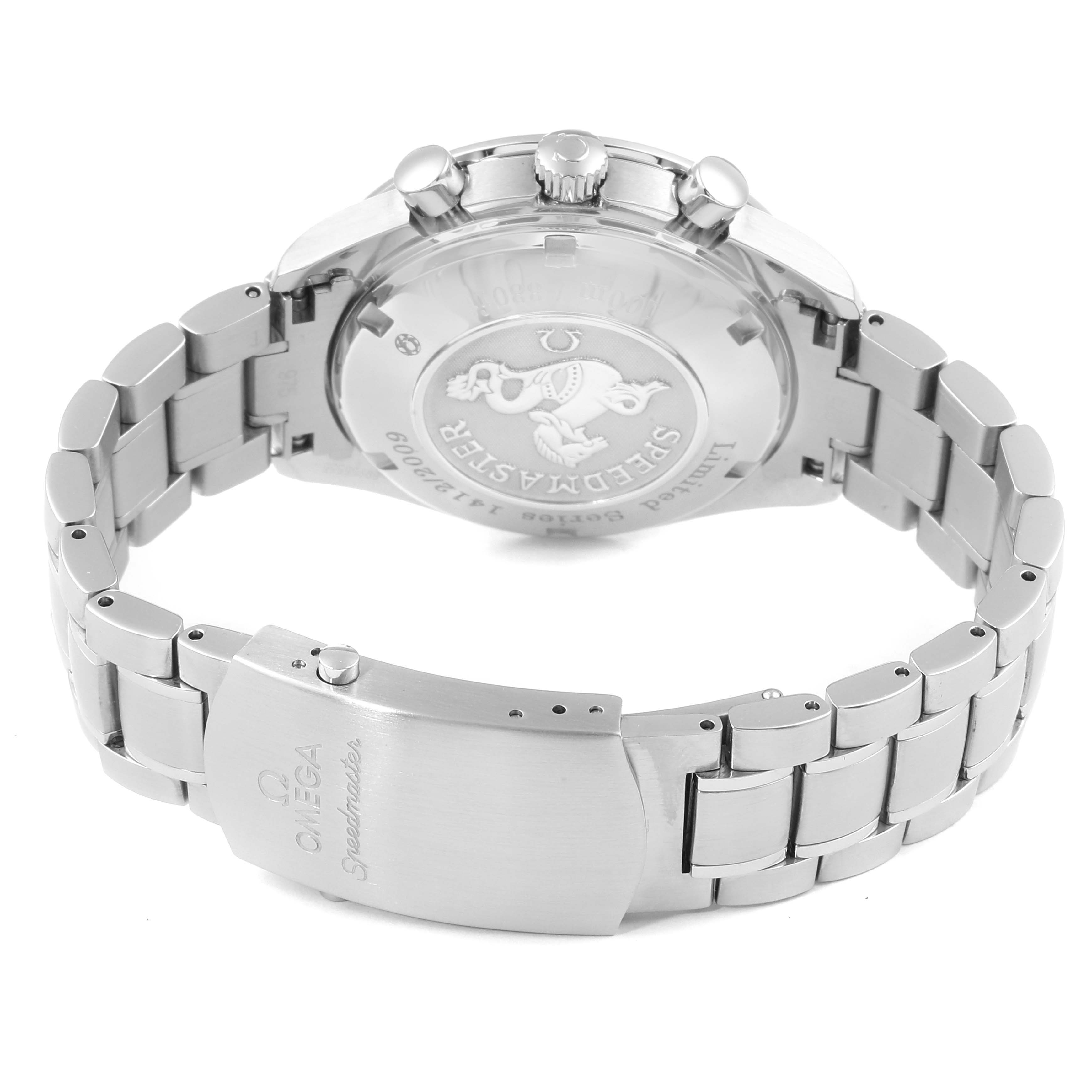 This image shows the back and bracelet of an Omega Speedmaster 323.30.40.40.01.001 Men's Stainless Steel Black Dial 323.30.40.40.01.001 Men's Stainless Steel Black Dial watch, featuring the case back and clasp.