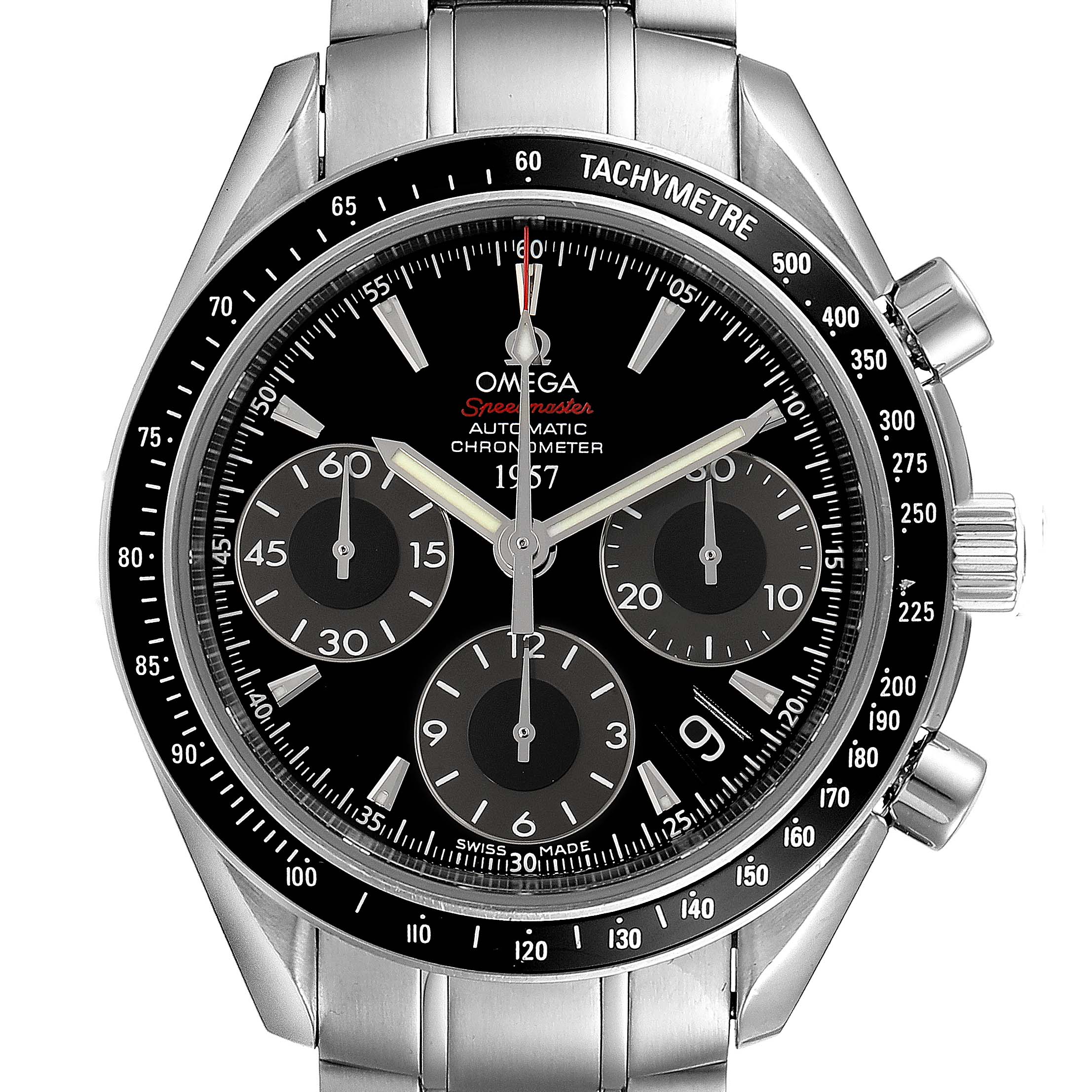 The image shows a front view of the Omega Speedmaster 323.30.40.40.01.001 Men's Stainless Steel Black Dial 323.30.40.40.01.001 Men's Stainless Steel Black Dial watch displaying its face, tachymeter bezel, and pushers.