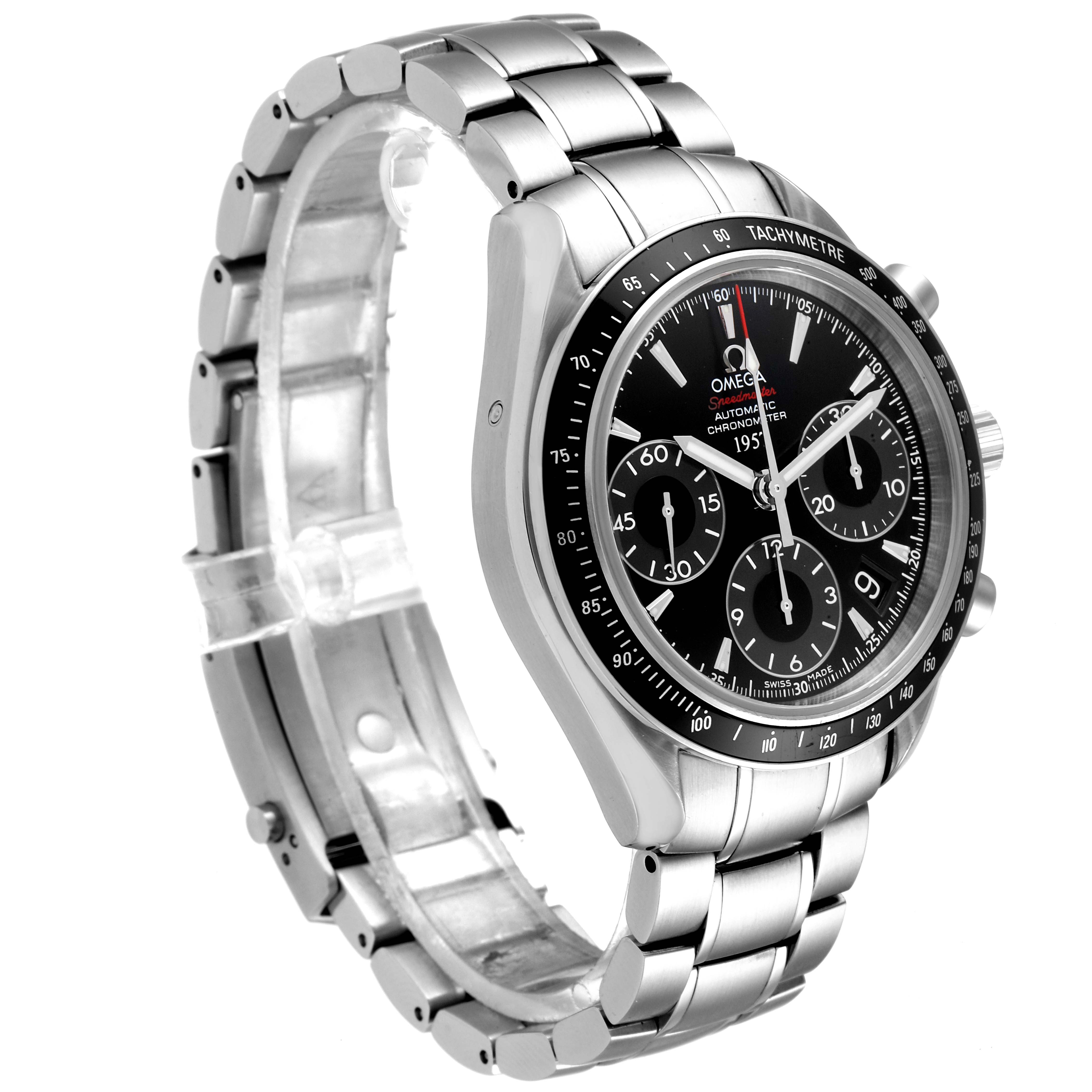 The image shows an Omega Speedmaster 323.30.40.40.01.001 Men's Stainless Steel Black Dial 323.30.40.40.01.001 Men's Stainless Steel Black Dial watch from a three-quarter angle, highlighting the bracelet, dial, and tachymeter bezel.