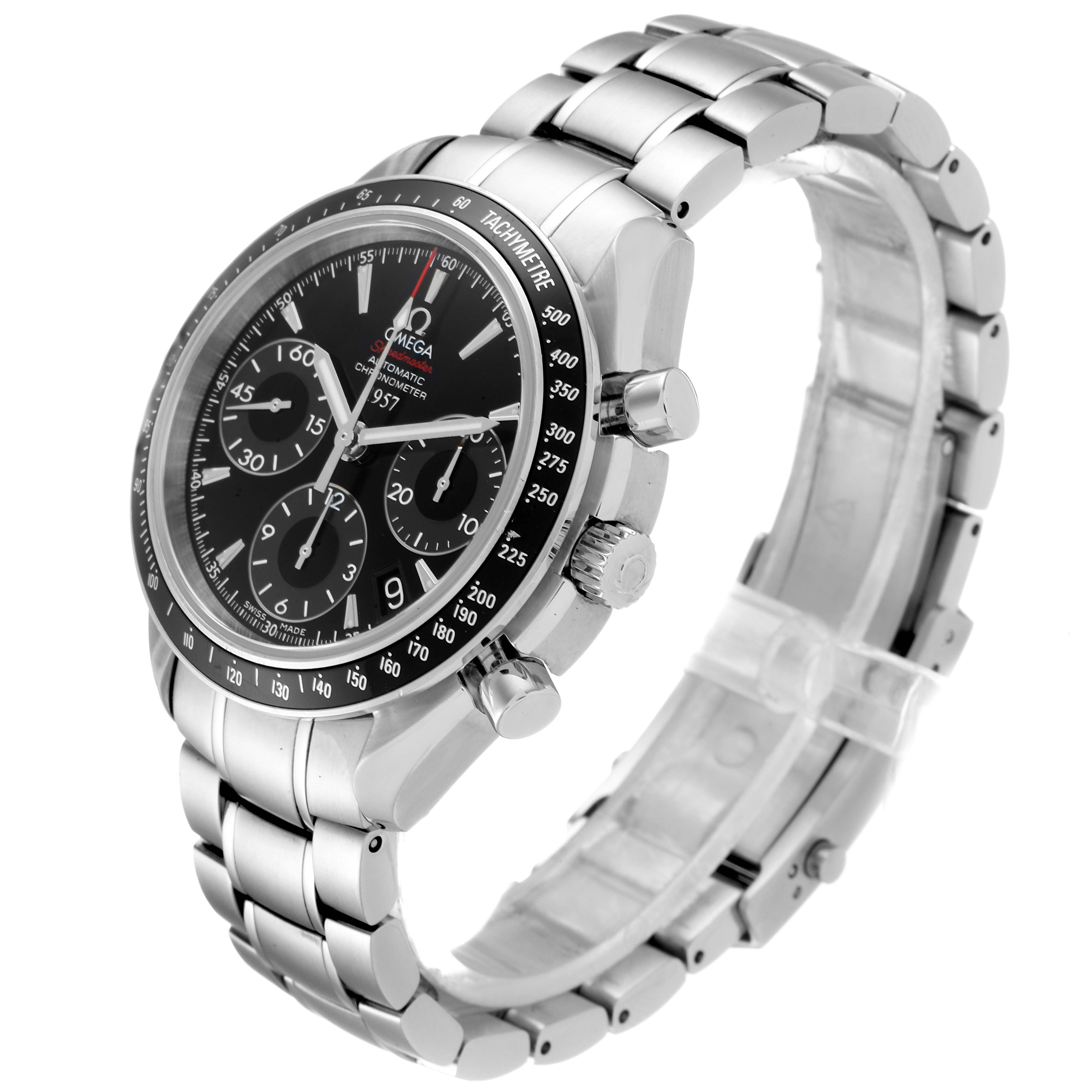 The image shows a side-angle view of an Omega Speedmaster 323.30.40.40.01.001 Men's Stainless Steel Black Dial 323.30.40.40.01.001 Men's Stainless Steel Black Dial watch, highlighting the face, bezel, crown, pushers, and metal bracelet.