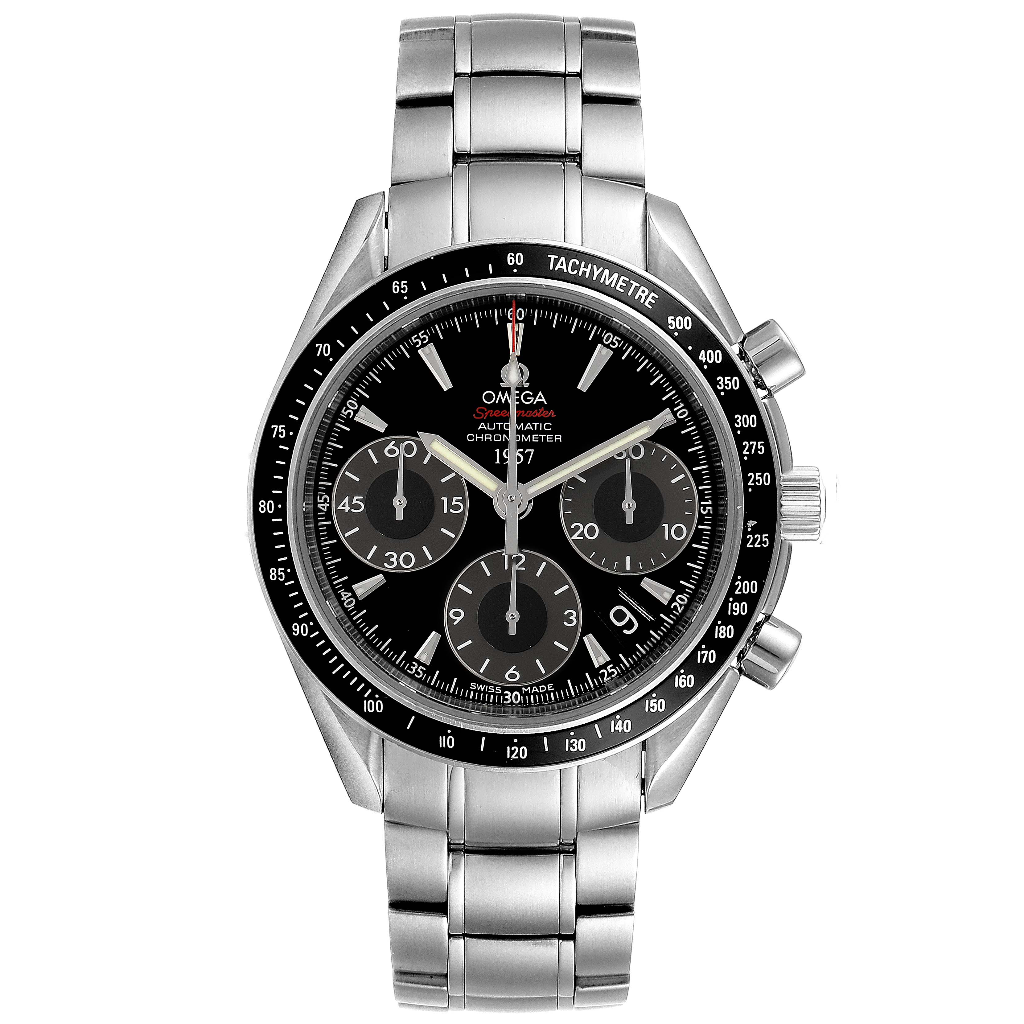 The image shows a front view of an Omega Speedmaster 323.30.40.40.01.001 Men's Stainless Steel Black Dial 323.30.40.40.01.001 Men's Stainless Steel Black Dial watch featuring the face, subdials, bezel, and stainless steel bracelet.