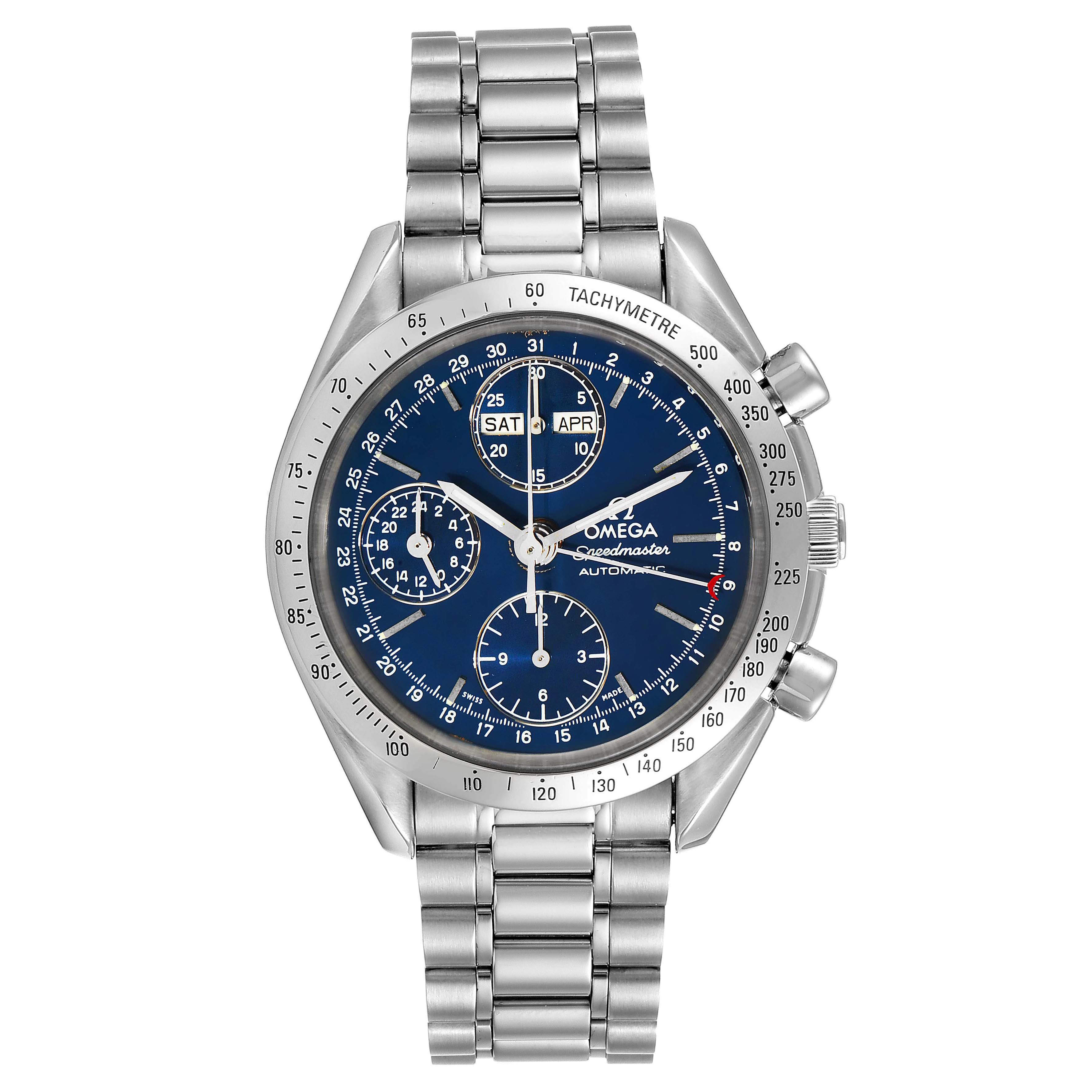 The Omega Speedmaster 3521.80.00 Men
s Stainless Steel Blue Dial 3521.80.00 Men
s Stainless Steel Blue Dial watch is shown from a frontal angle, highlighting its dial, bezels, and metal bracelet.