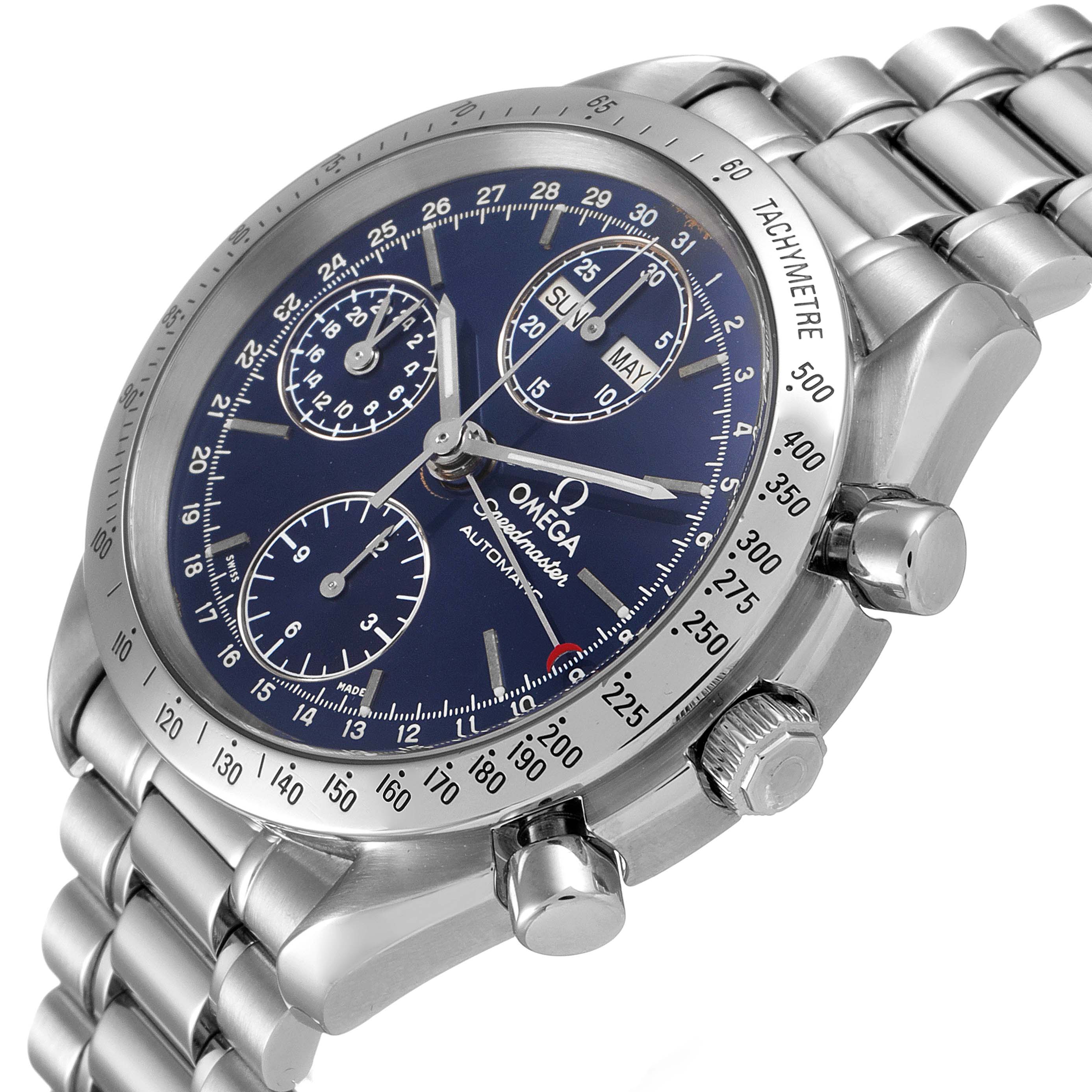 This image shows an angled view of the Omega Speedmaster 3521.80.00 Men
s Stainless Steel Blue Dial 3521.80.00 Men
s Stainless Steel Blue Dial watch, highlighting its dial, subdials, bezel, and bracelet.