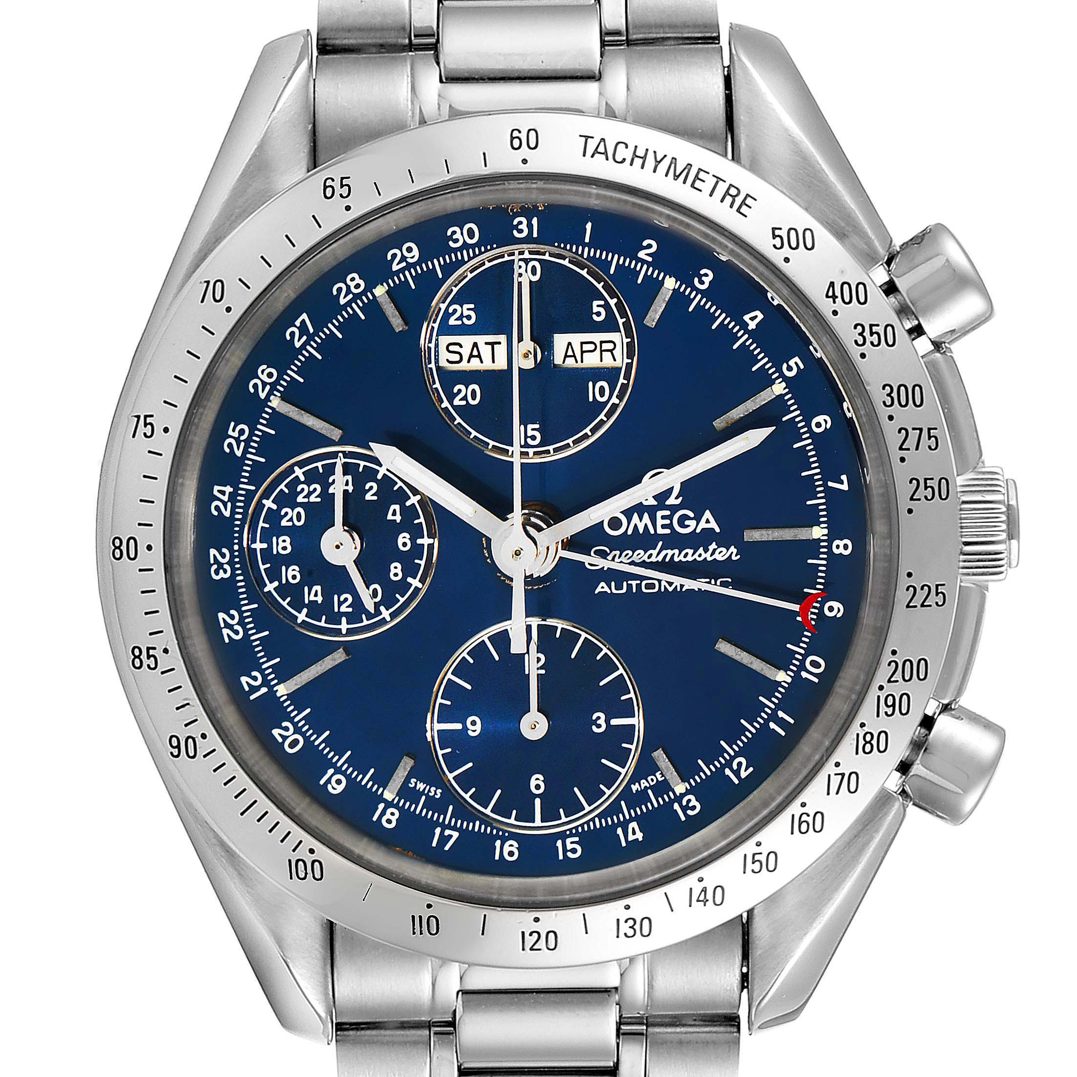 This is a front view of the Omega Speedmaster 3521.80.00 Men
s Stainless Steel Blue Dial 3521.80.00 Men
s Stainless Steel Blue Dial watch, showcasing its dial, hands, subdials, and tachymeter bezel.