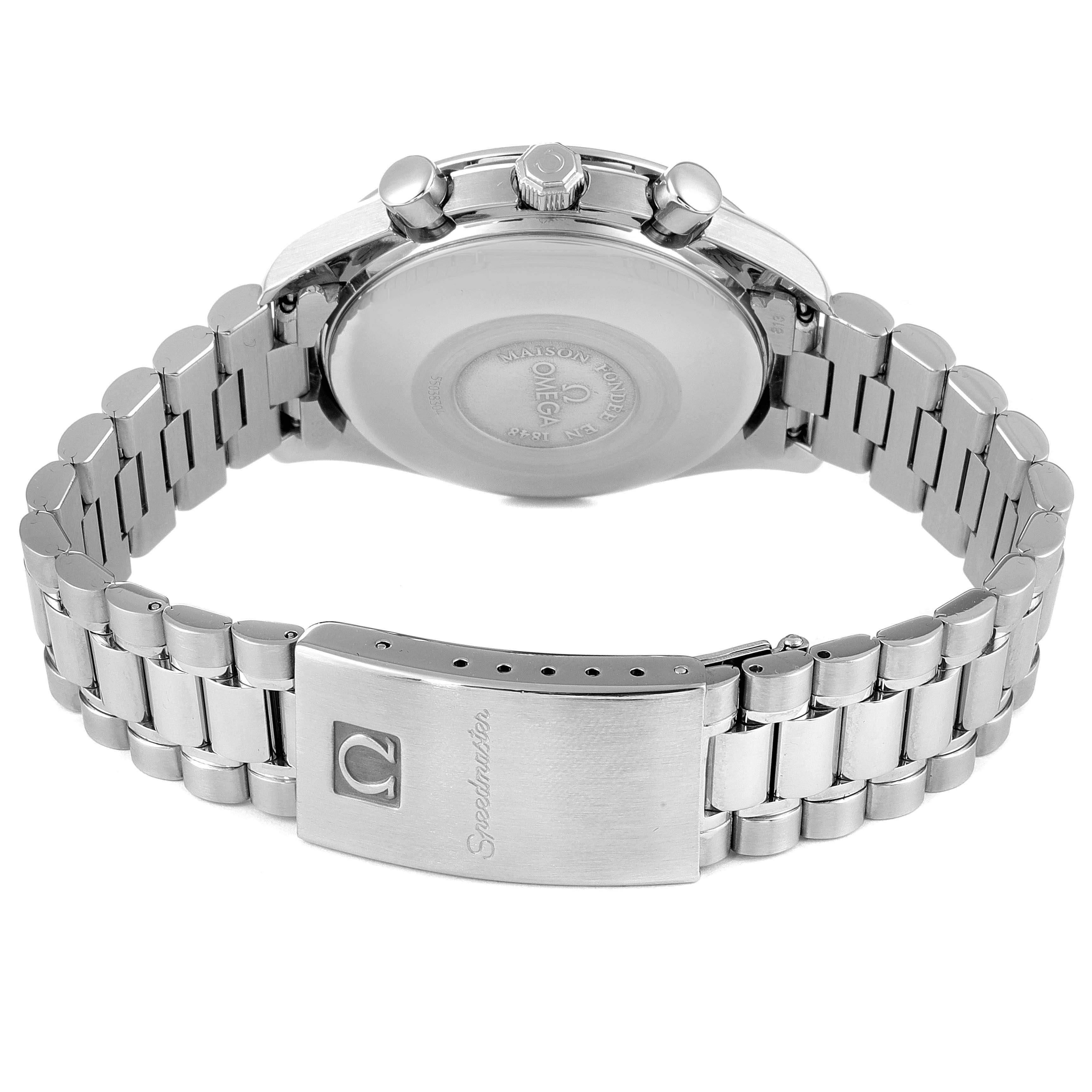 The image shows the back and bracelet of an Omega Speedmaster 3521.80.00 Men
s Stainless Steel Blue Dial 3521.80.00 Men
s Stainless Steel Blue Dial watch, highlighting the clasp and case back.