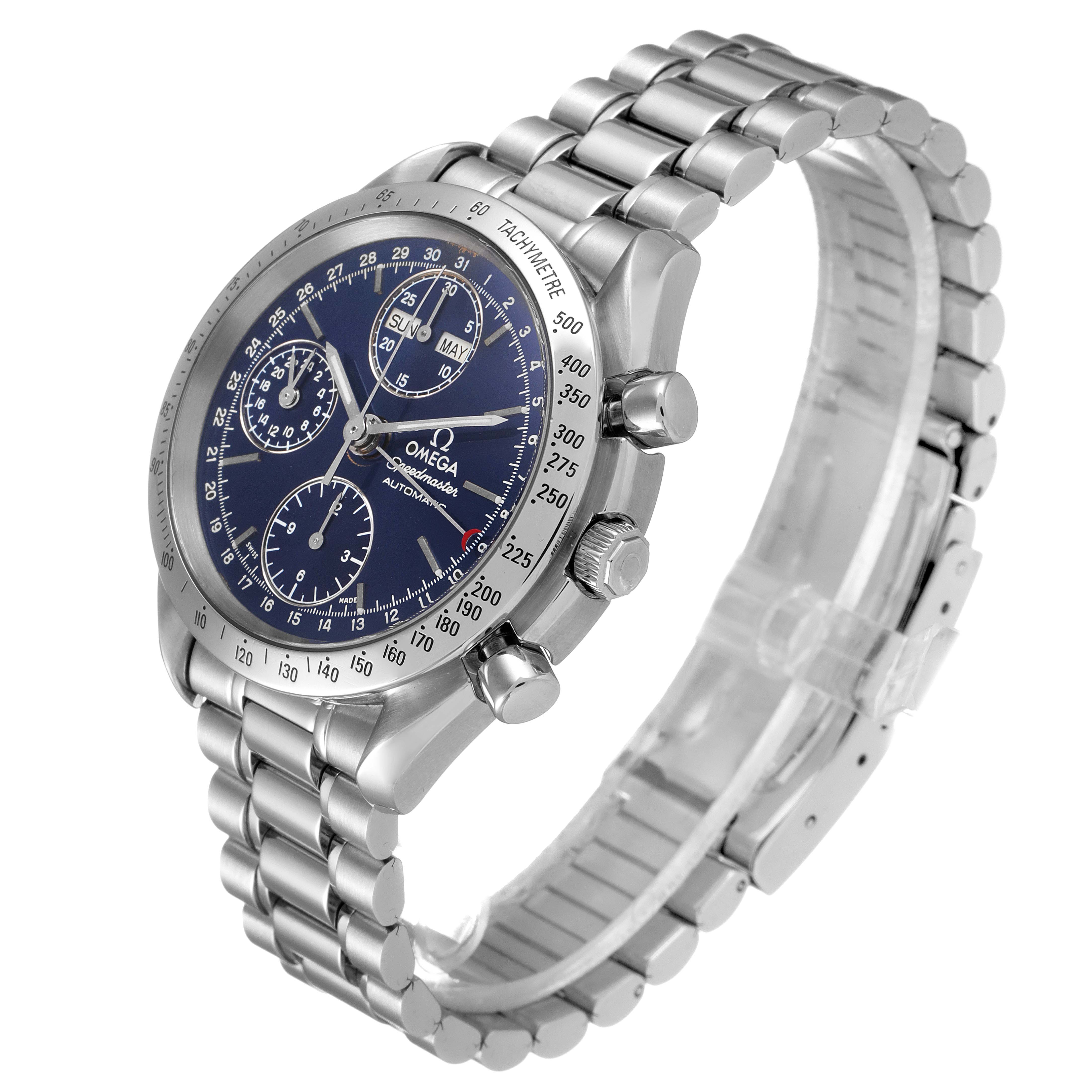The image shows an Omega Speedmaster 3521.80.00 Men
s Stainless Steel Blue Dial 3521.80.00 Men
s Stainless Steel Blue Dial watch from a three-quarter angle, highlighting the dial, bezel, and bracelet.