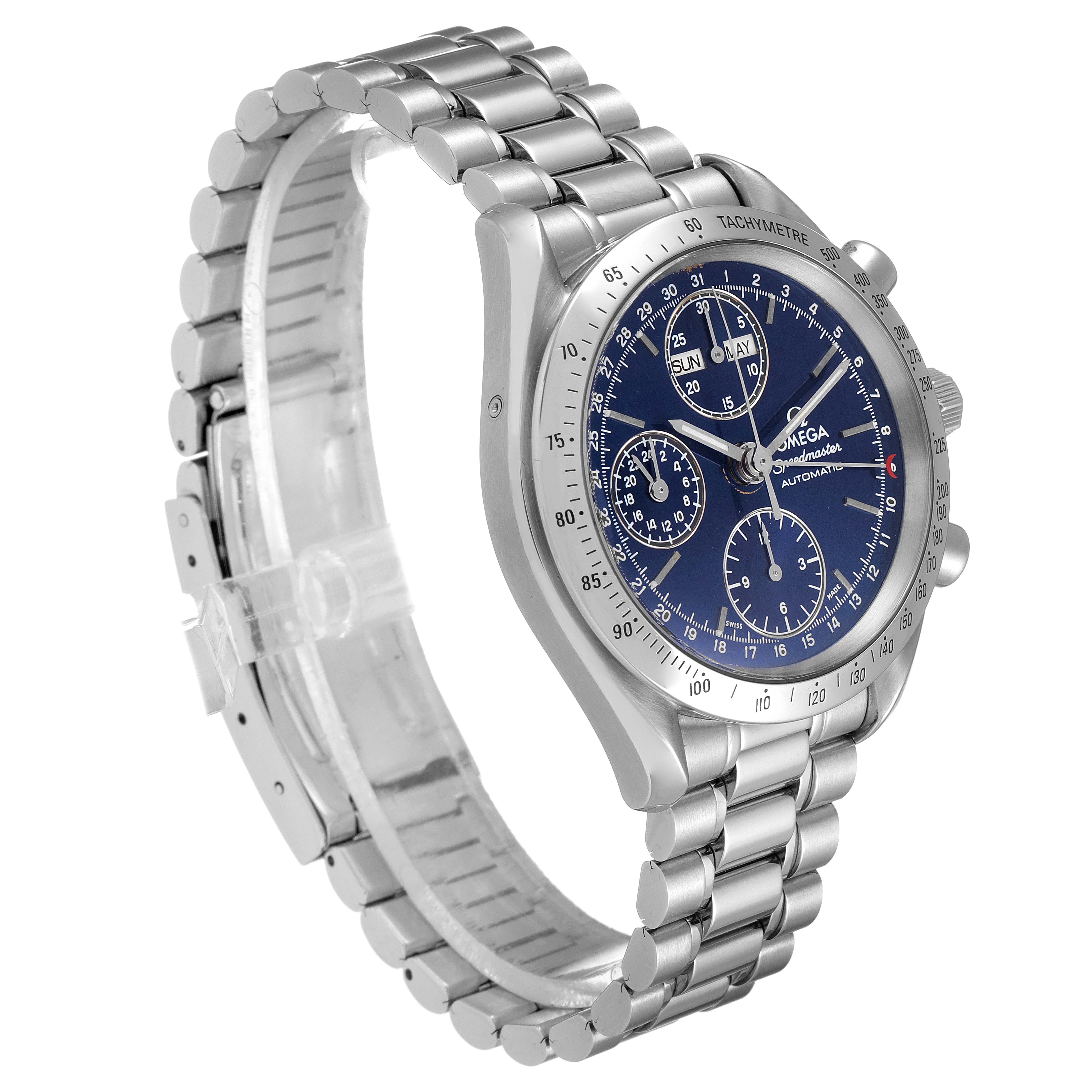 The image shows an Omega Speedmaster 3521.80.00 Men
s Stainless Steel Blue Dial 3521.80.00 Men
s Stainless Steel Blue Dial watch at a slight angle, displaying the face, bezel, and metal bracelet.