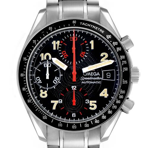 The Omega Speedmaster 3513.53.00 Men's Stainless Steel Black Dial watch is shown from the front, displaying the dial, tachymetric bezel, and pushers.