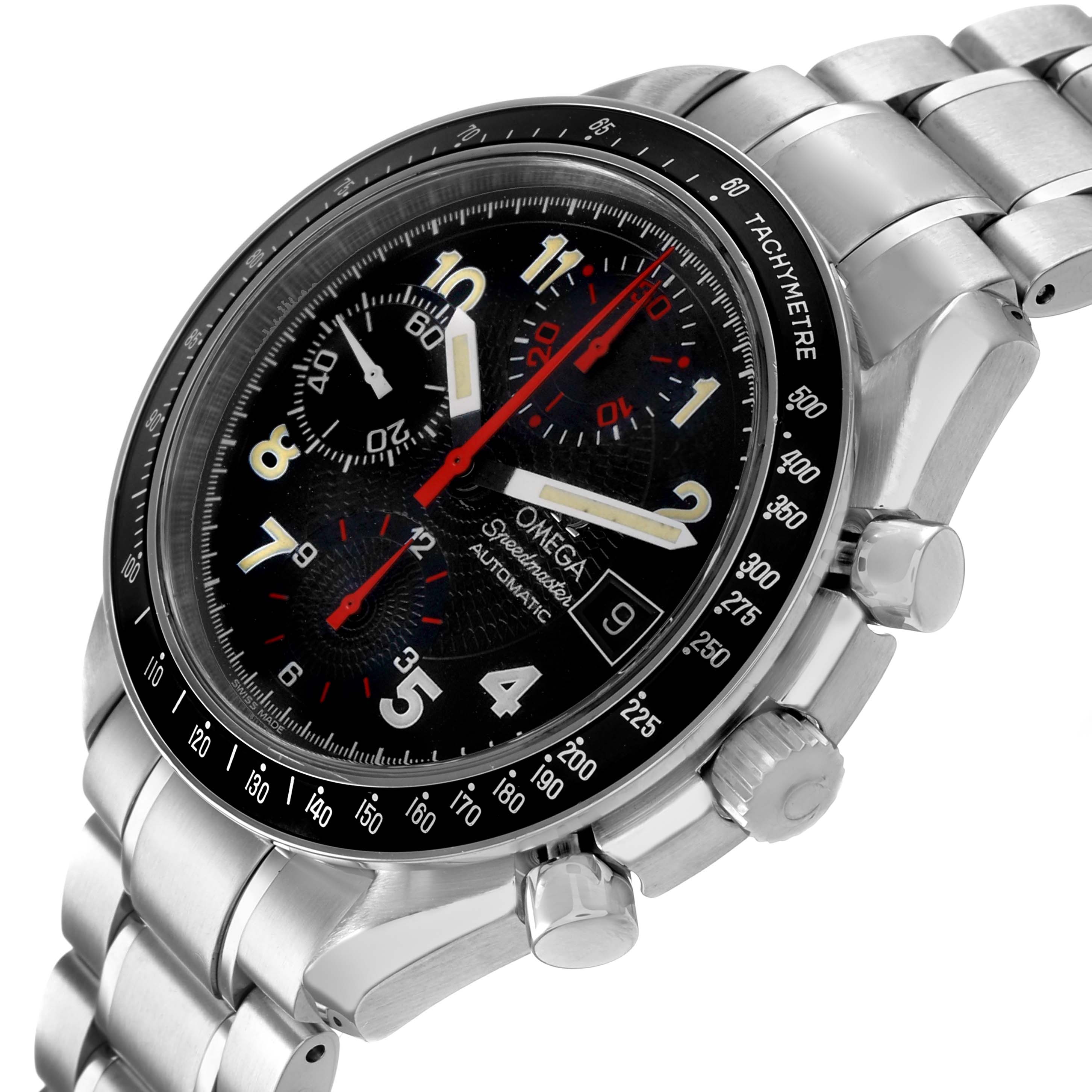 The Omega Speedmaster 3513.53.00 Men's Stainless Steel Black Dial is shown from a side angle, highlighting the dial, tachymetric bezel, and bracelet.