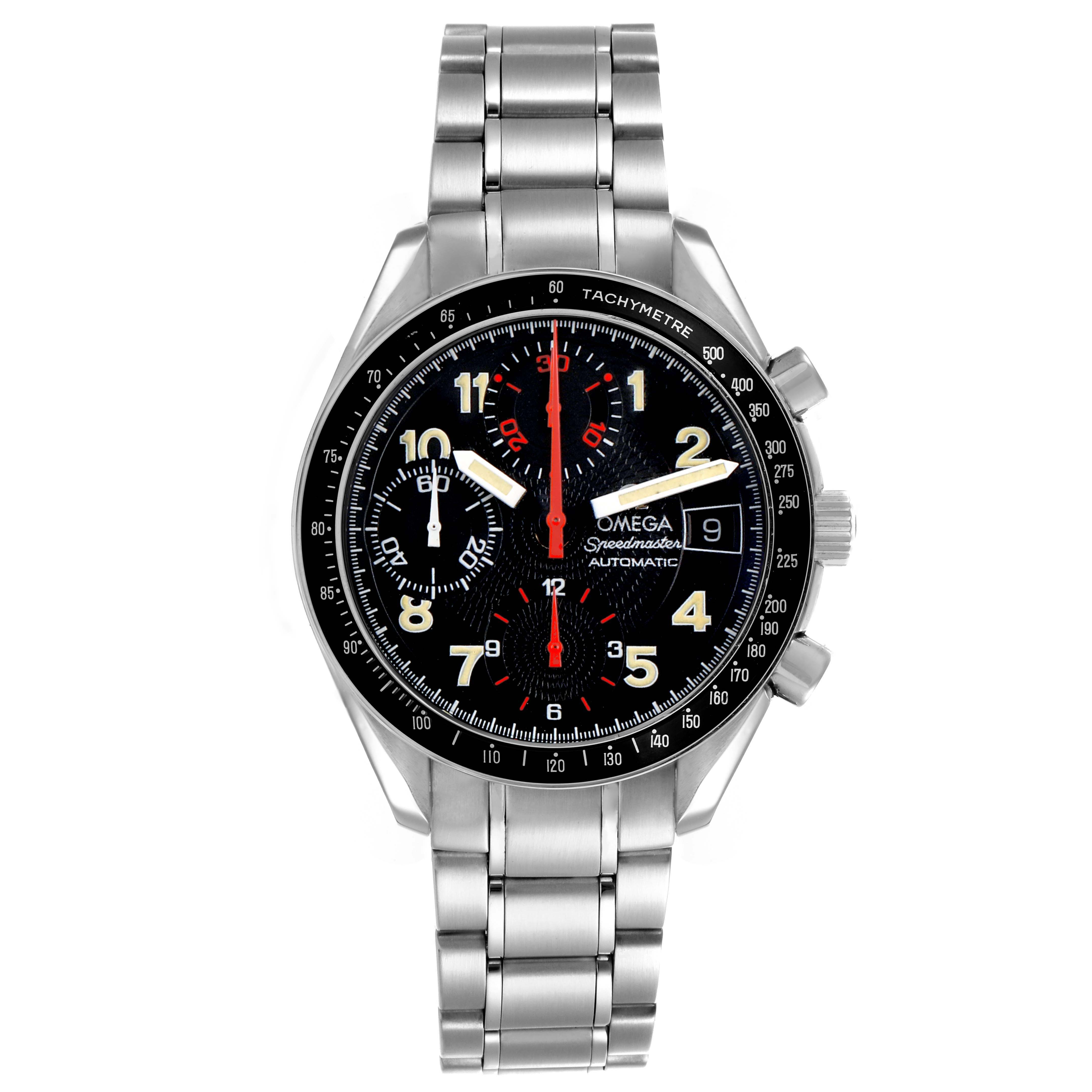 The Omega Speedmaster 3513.53.00 Men's Stainless Steel Black Dial watch is shown from the front, displaying the face, bezel, pushers, crown, and bracelet.