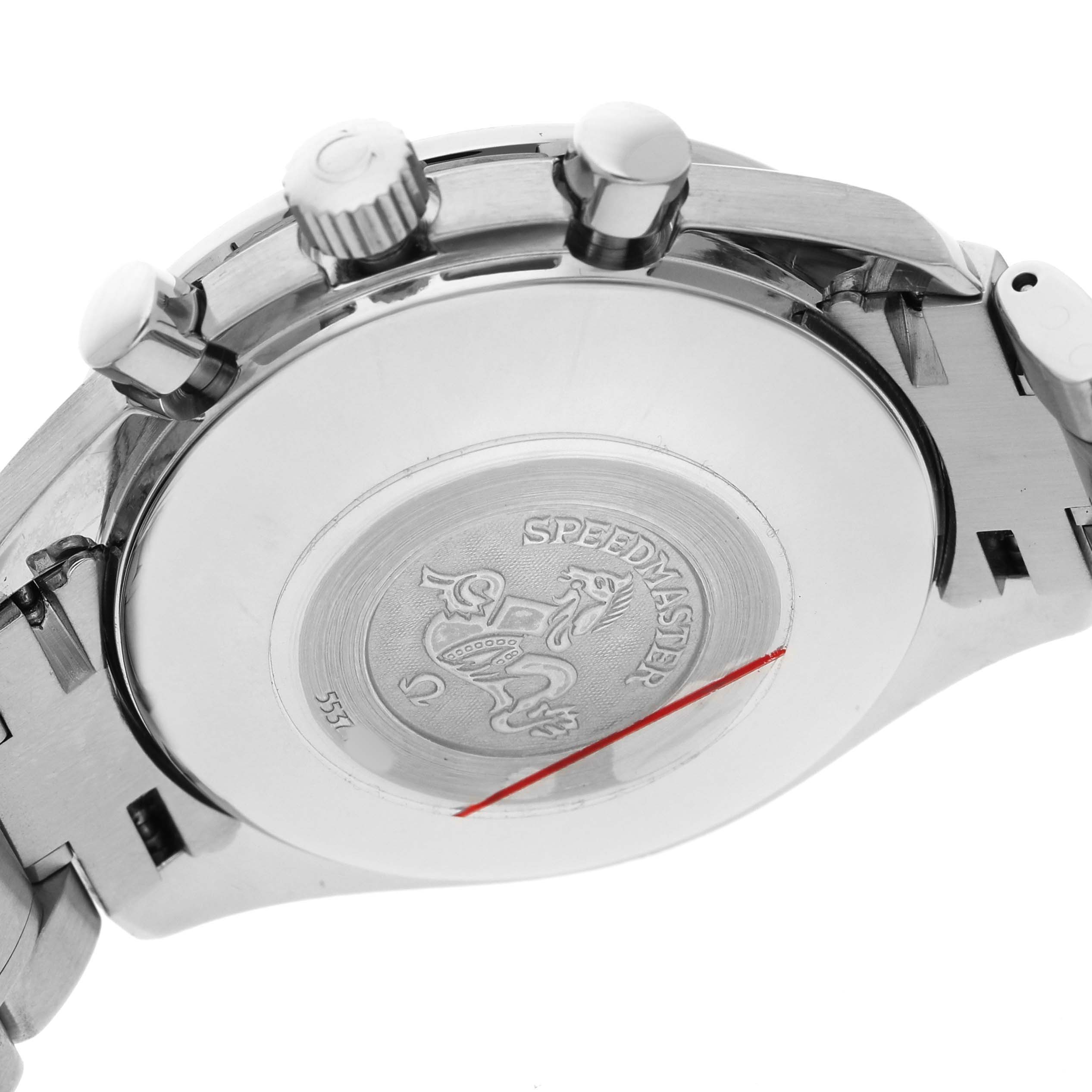 The image shows the back of an Omega Speedmaster 3513.53.00 Men's Stainless Steel Black Dial watch, including the case back and side view of the crown and pushers.