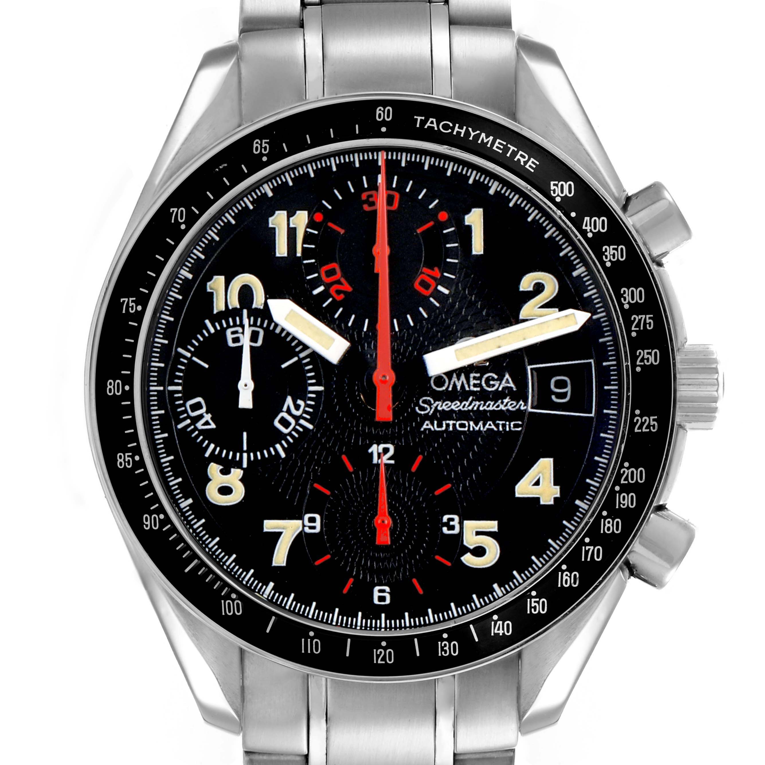 The Omega Speedmaster 3513.53.00 Men's Stainless Steel Black Dial watch is shown from a front angle, displaying the dial, sub-dials, bezel, and stainless steel bracelet.
