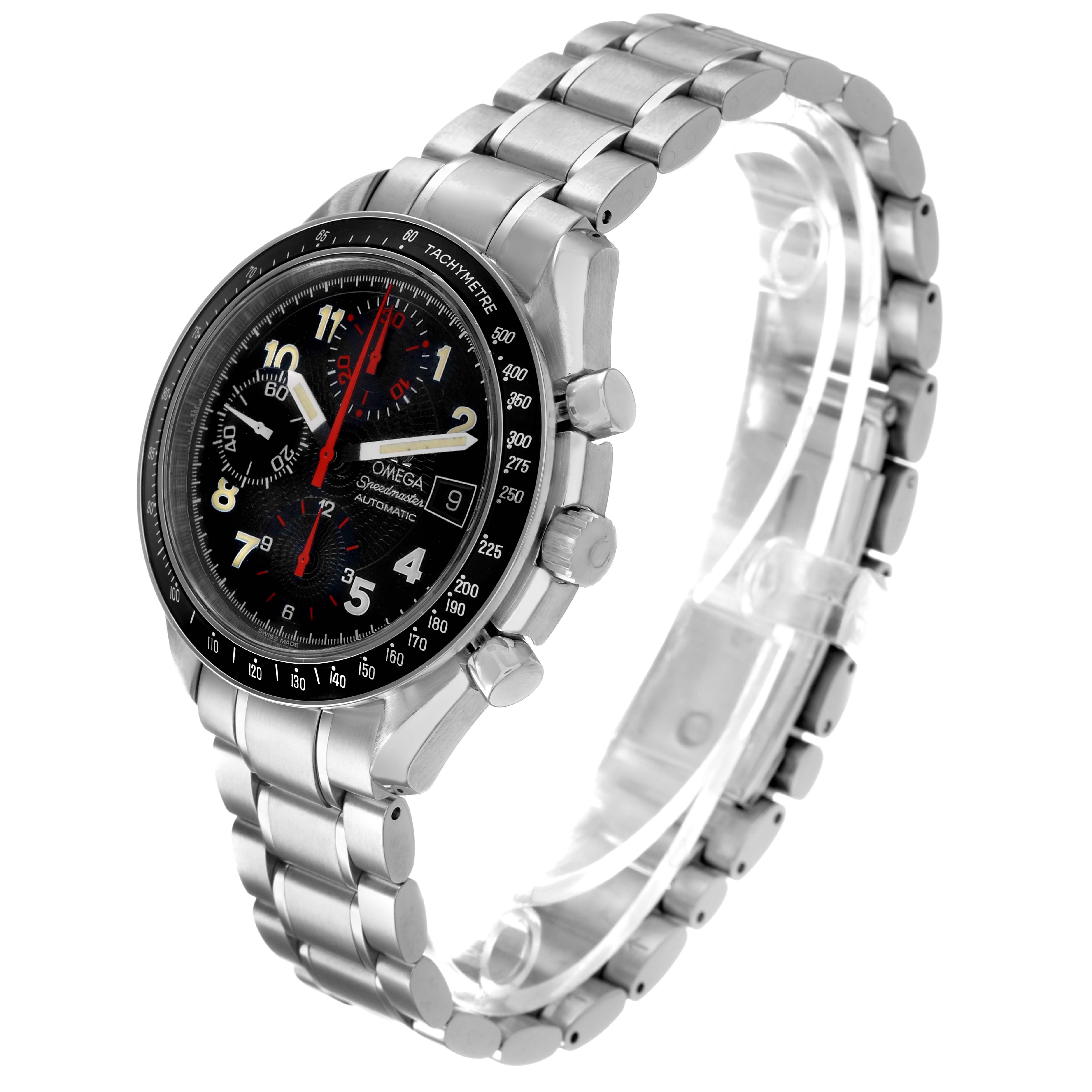 The Omega Speedmaster 3513.53.00 Men's Stainless Steel Black Dial watch is shown at a three-quarter angle, highlighting the watch face, bezel, and metal bracelet.