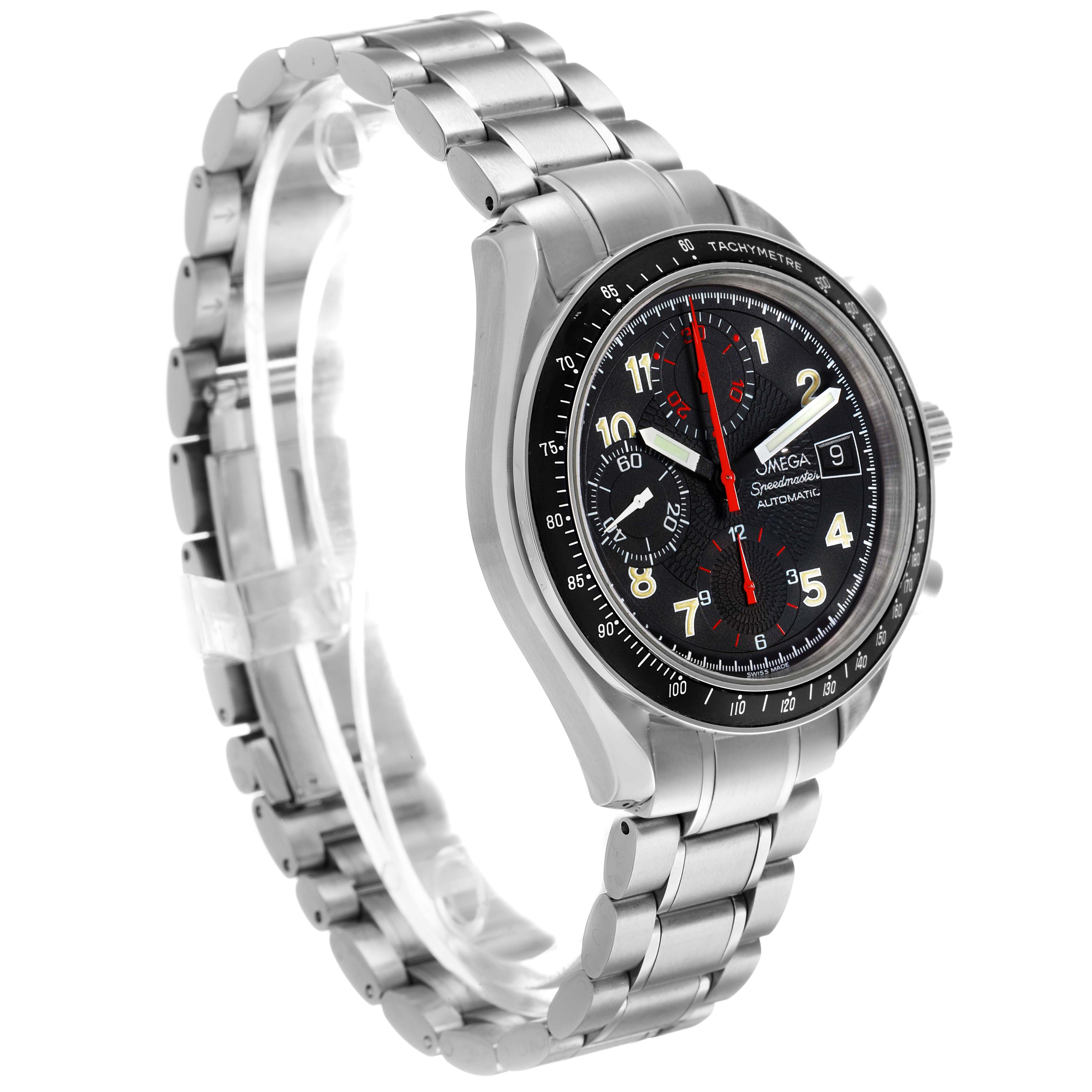The Omega Speedmaster 3513.53.00 Men's Stainless Steel Black Dial watch is shown at a three-quarter angle, highlighting the face, bezel, and metal bracelet.