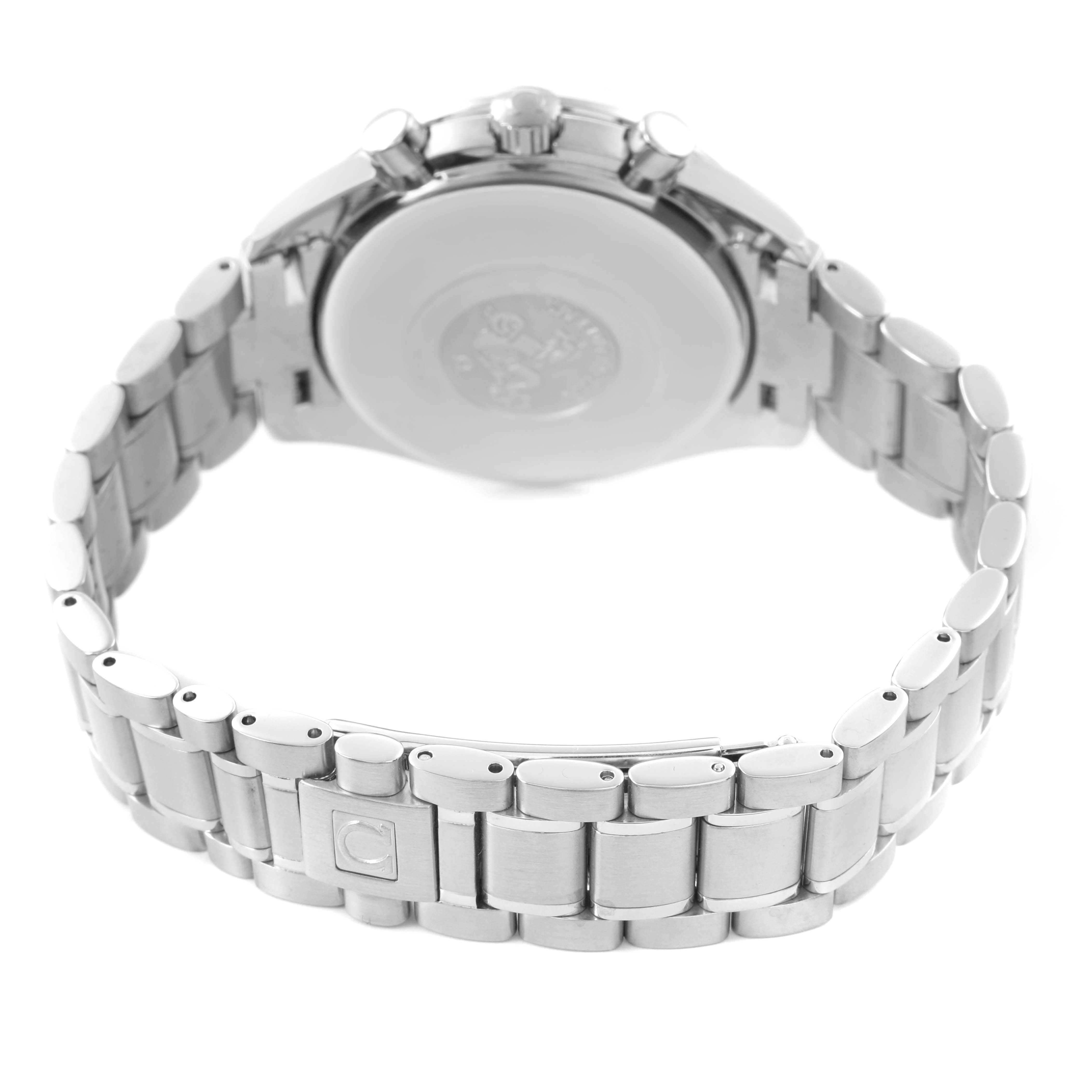 The Omega Speedmaster 3513.53.00 Men's Stainless Steel Black Dial is shown from the back, highlighting its case back, bracelet, and clasp.