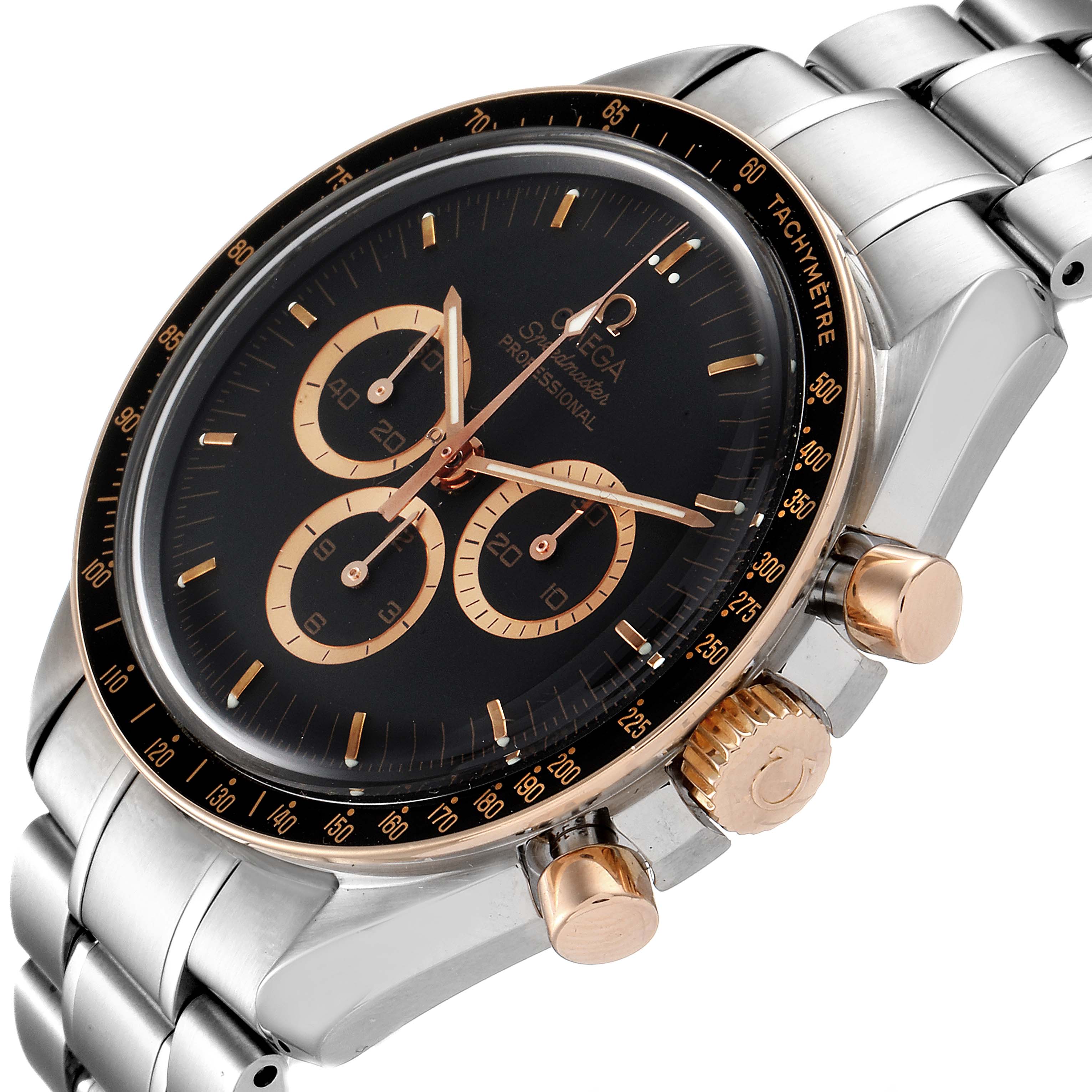 The Omega Speedmaster 3366.51.00 Men's Steel and Gold (two tone) Black Dial 3366.51.00 Men's Steel and Gold (two tone) Black Dial watch is viewed at a slight angle, showing its bezel, dial, crown, and chronograph pushers.