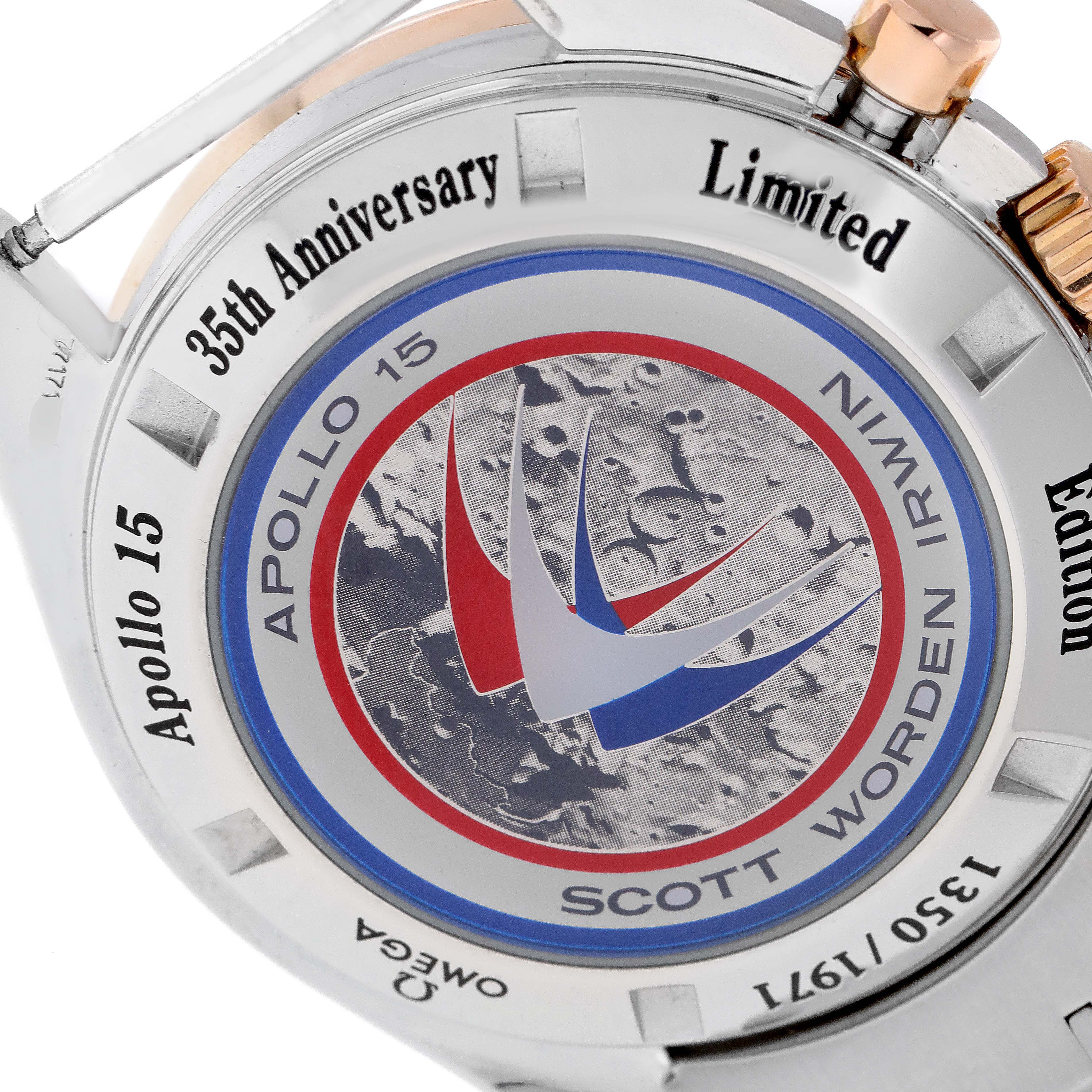 This image shows the back of an Omega Speedmaster 3366.51.00 Men's Steel and Gold (two tone) Black Dial 3366.51.00 Men's Steel and Gold (two tone) Black Dial watch, highlighting the Apollo 15 35th Anniversary Limited Edition engraving.