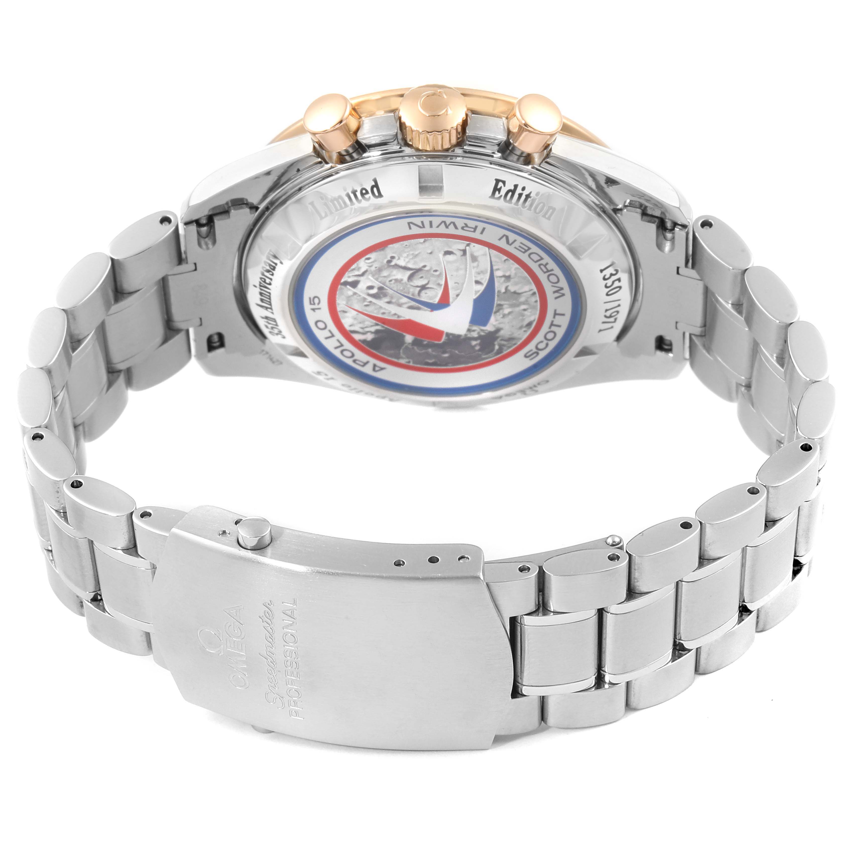 This image shows the back and clasp of the Omega Speedmaster 3366.51.00 Men's Steel and Gold (two tone) Black Dial 3366.51.00 Men's Steel and Gold (two tone) Black Dial watch, featuring its metal bracelet and engraved case back.