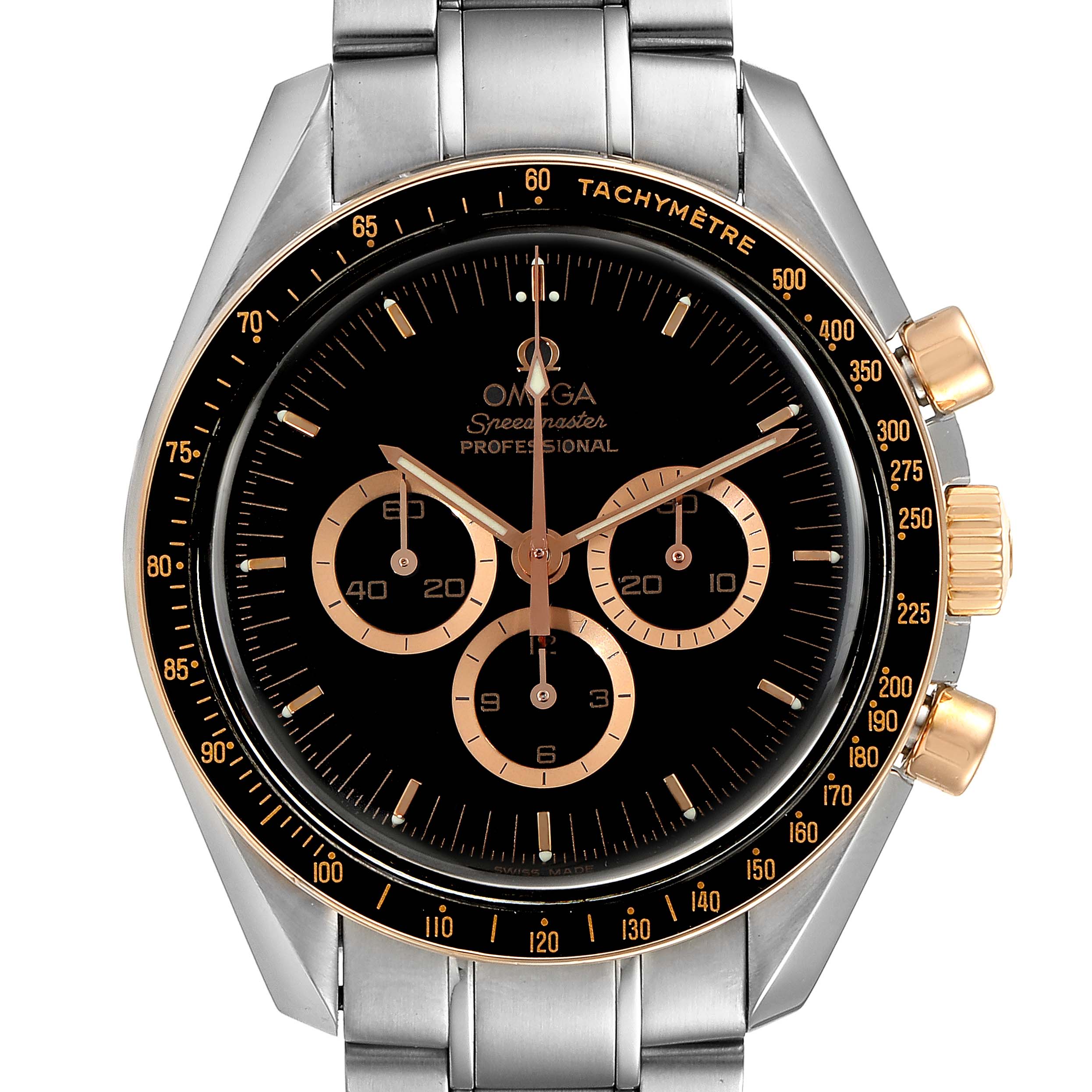 The Omega Speedmaster 3366.51.00 Men's Steel and Gold (two tone) Black Dial 3366.51.00 Men's Steel and Gold (two tone) Black Dial watch is shown from a front angle, highlighting the dial, bezel, pushers, and bracelet.