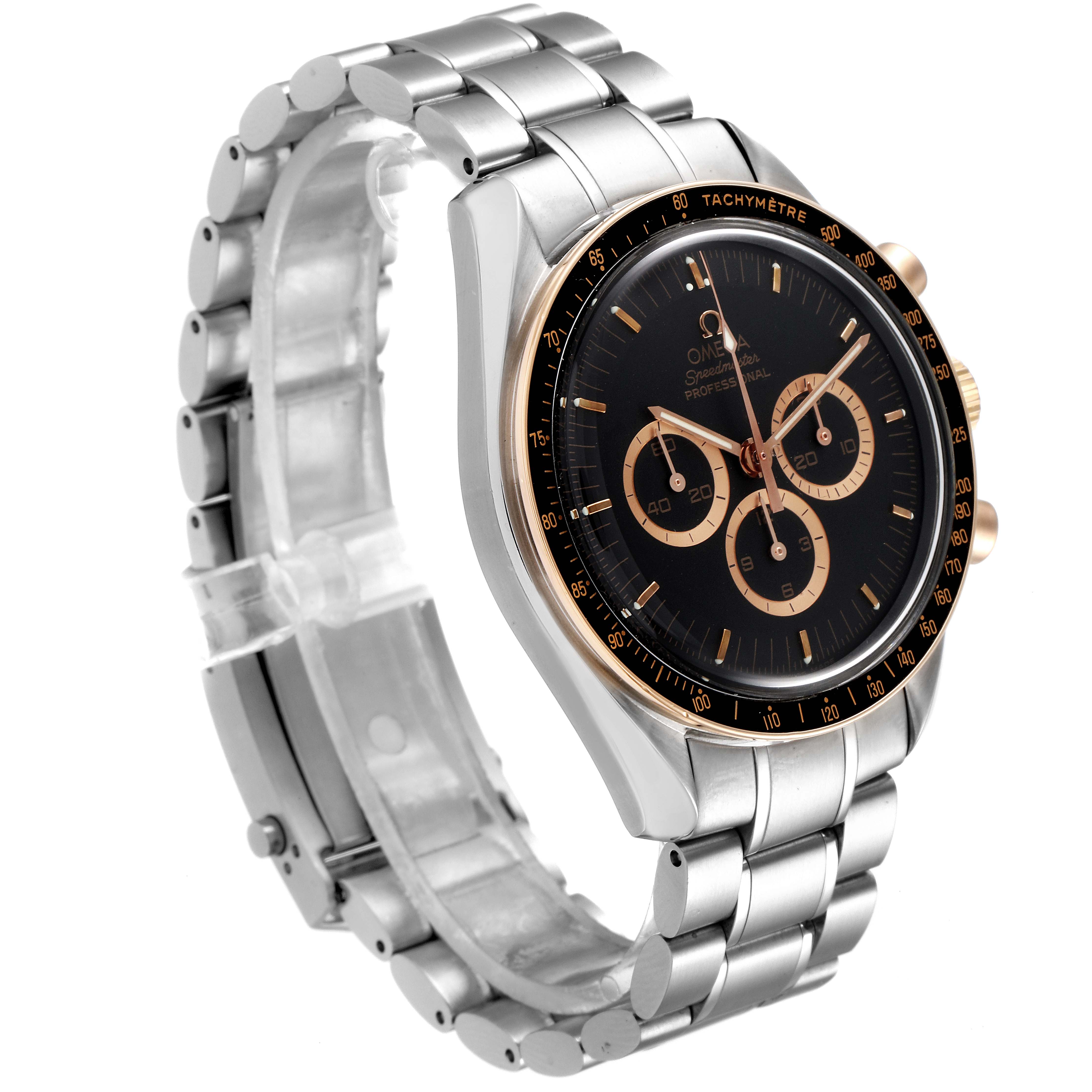 The image shows a three-quarters view of an Omega Speedmaster 3366.51.00 Men's Steel and Gold (two tone) Black Dial 3366.51.00 Men's Steel and Gold (two tone) Black Dial, highlighting its face, bezel, and metal bracelet.