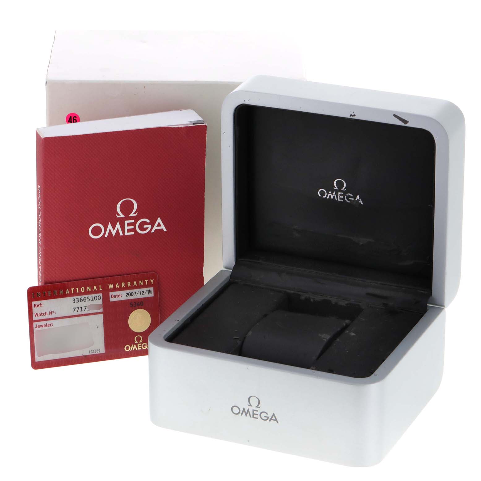 The image shows an Omega Speedmaster 3366.51.00 Men's Steel and Gold (two tone) Black Dial 3366.51.00 Men's Steel and Gold (two tone) Black Dial watch box, warranty card, and booklet at an angled view.