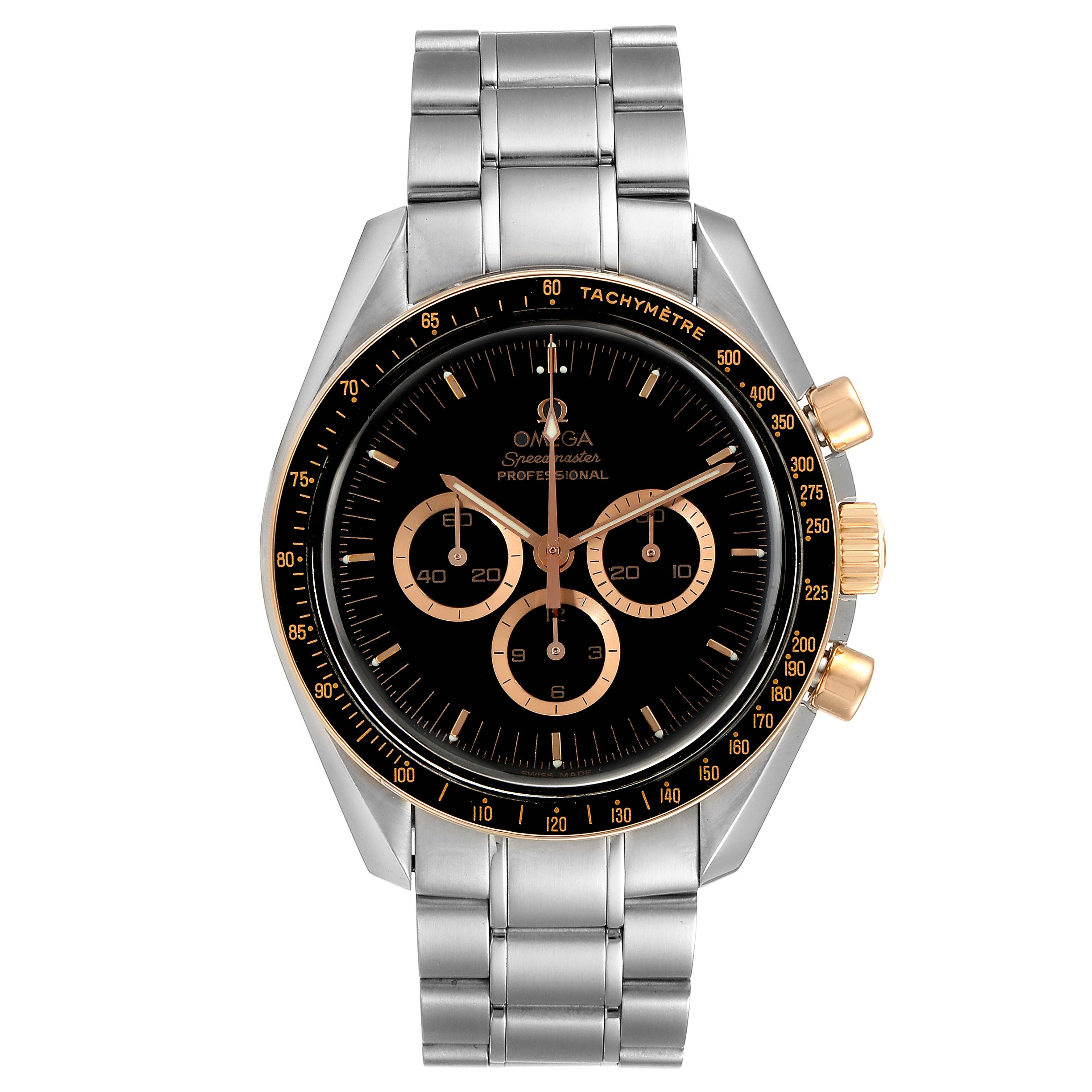 This image shows a front view of the Omega Speedmaster 3366.51.00 Men's Steel and Gold (two tone) Black Dial 3366.51.00 Men's Steel and Gold (two tone) Black Dial watch, highlighting its dial, bracelet, and crown.