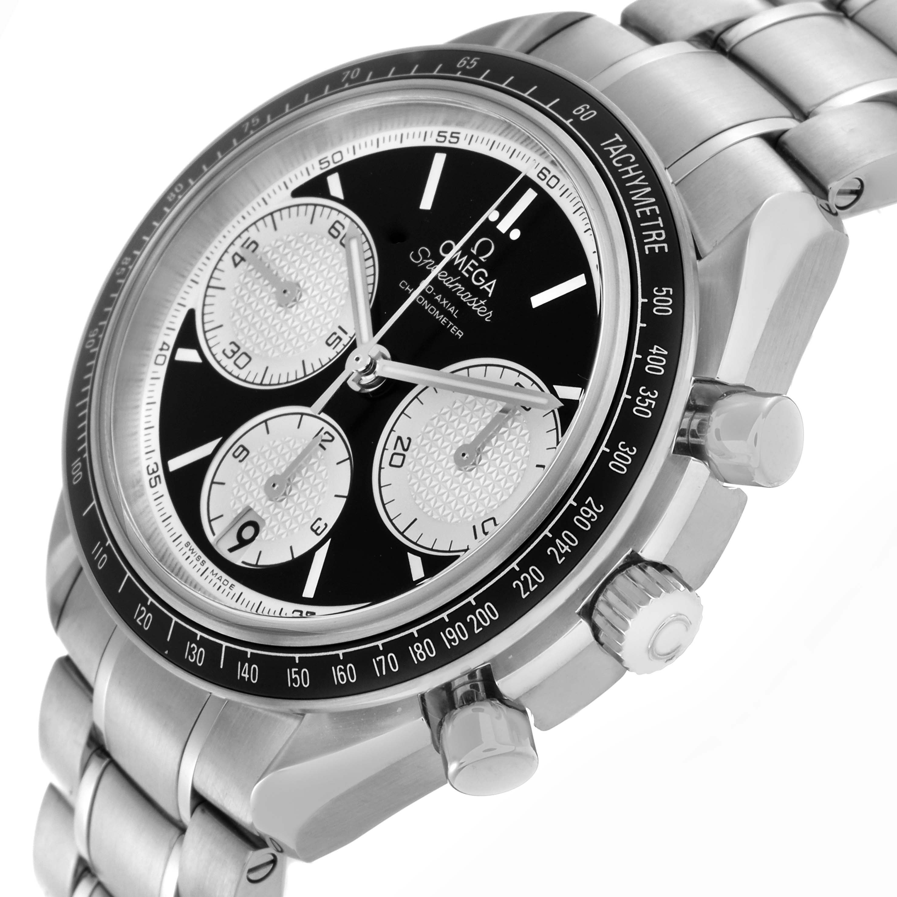 The Omega Speedmaster 326.30.40.50.01.002 Men's Stainless Steel Black Dial 326.30.40.50.01.002 Men's Stainless Steel Black Dial watch is shown from a side angle displaying the dial, bezel, pushers, and bracelet.