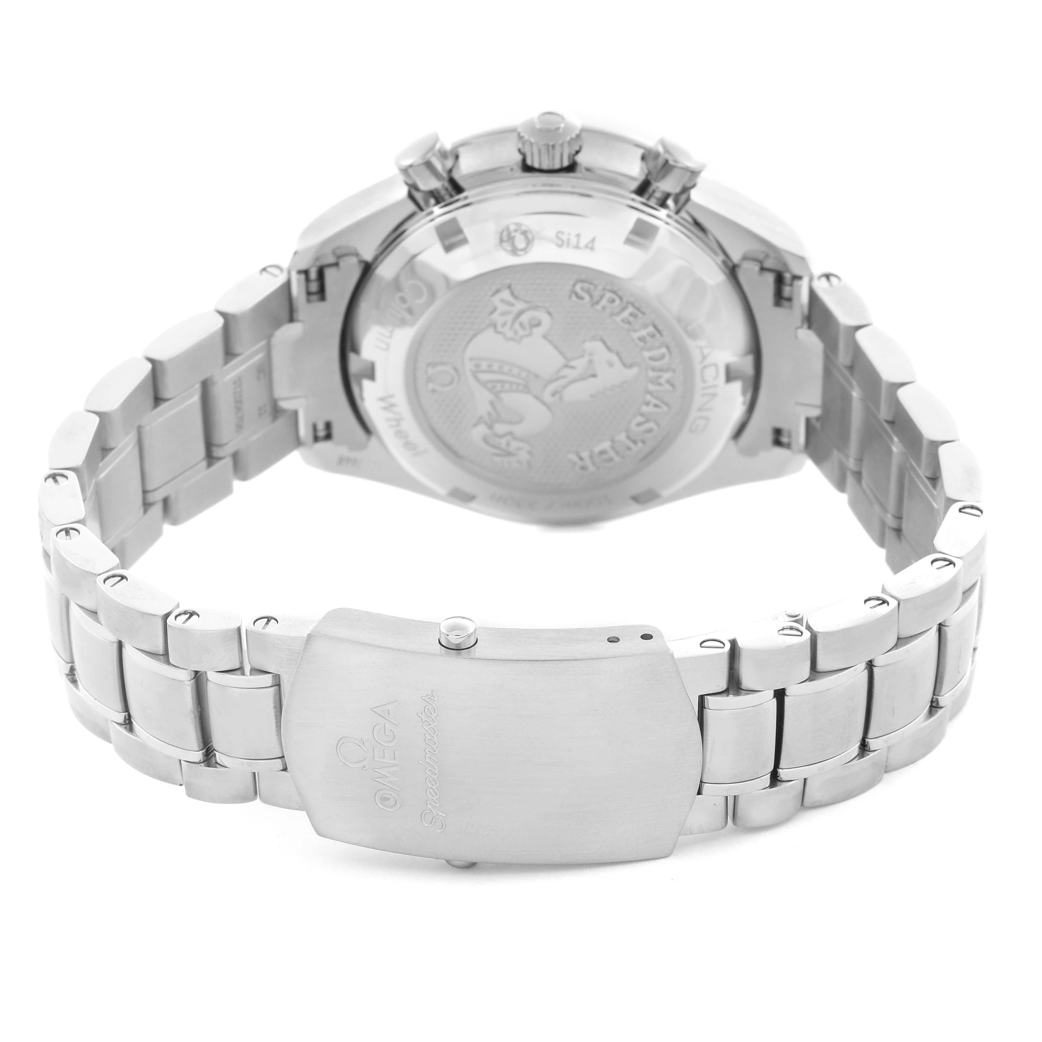 The Omega Speedmaster 326.30.40.50.01.002 Men's Stainless Steel Black Dial 326.30.40.50.01.002 Men's Stainless Steel Black Dial watch is shown from the back, highlighting the bracelet and engraved case back.