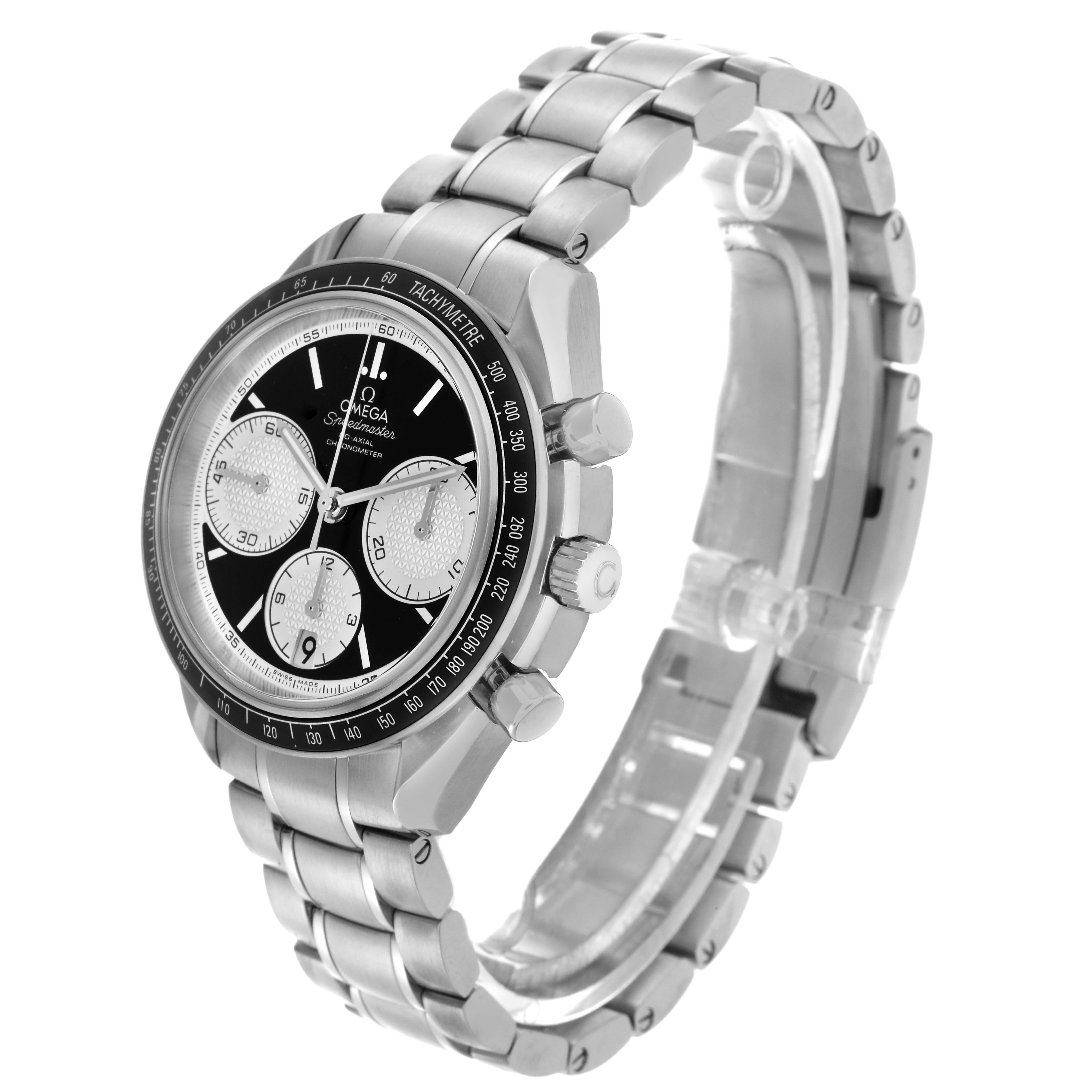 The Omega Speedmaster 326.30.40.50.01.002 Men's Stainless Steel Black Dial 326.30.40.50.01.002 Men's Stainless Steel Black Dial watch is shown at a three-quarter angle, highlighting the dial, bezel, pushers, and metal bracelet.