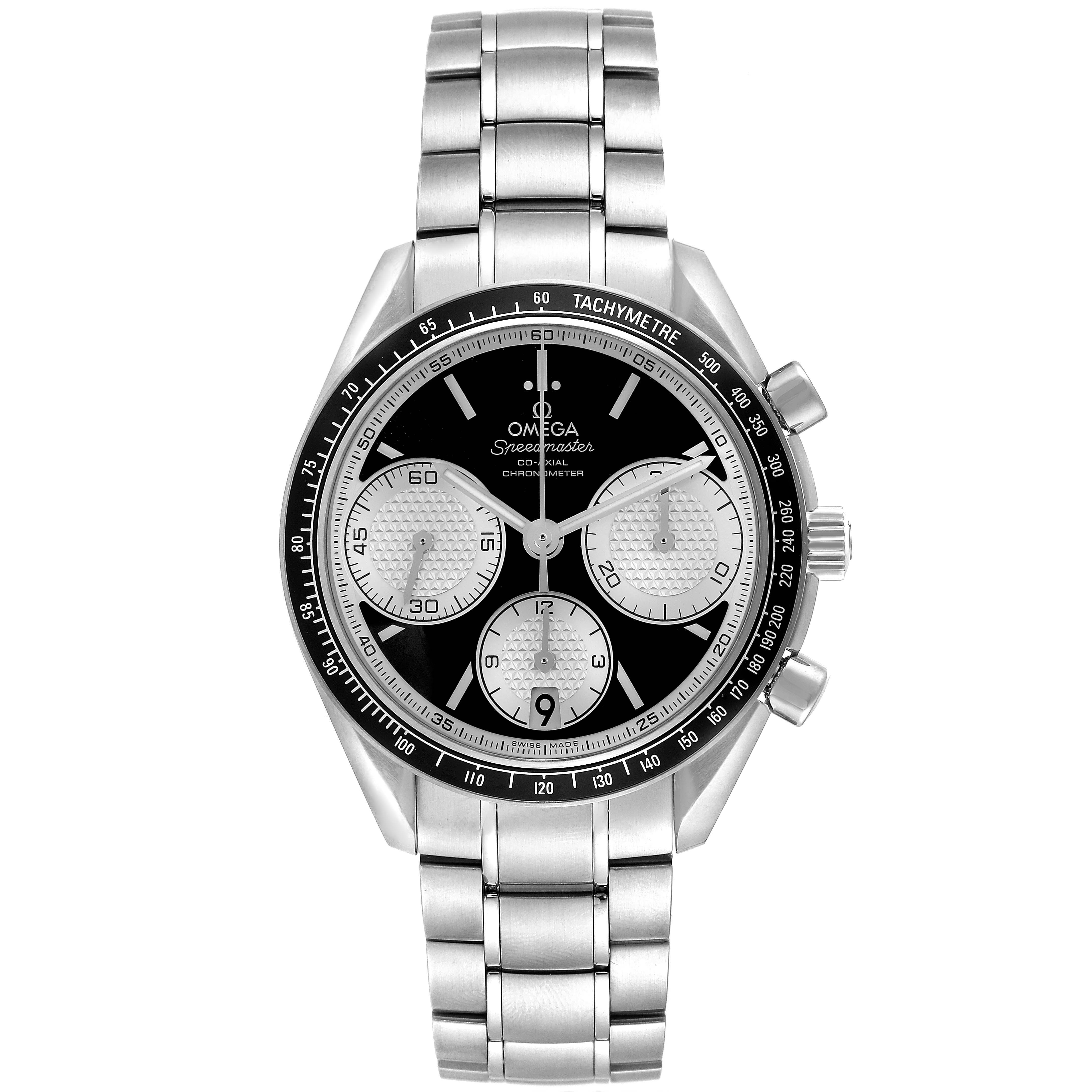 The Omega Speedmaster 326.30.40.50.01.002 Men's Stainless Steel Black Dial 326.30.40.50.01.002 Men's Stainless Steel Black Dial model is shown from the front, displaying the dial, bezel, subdials, and bracelet.