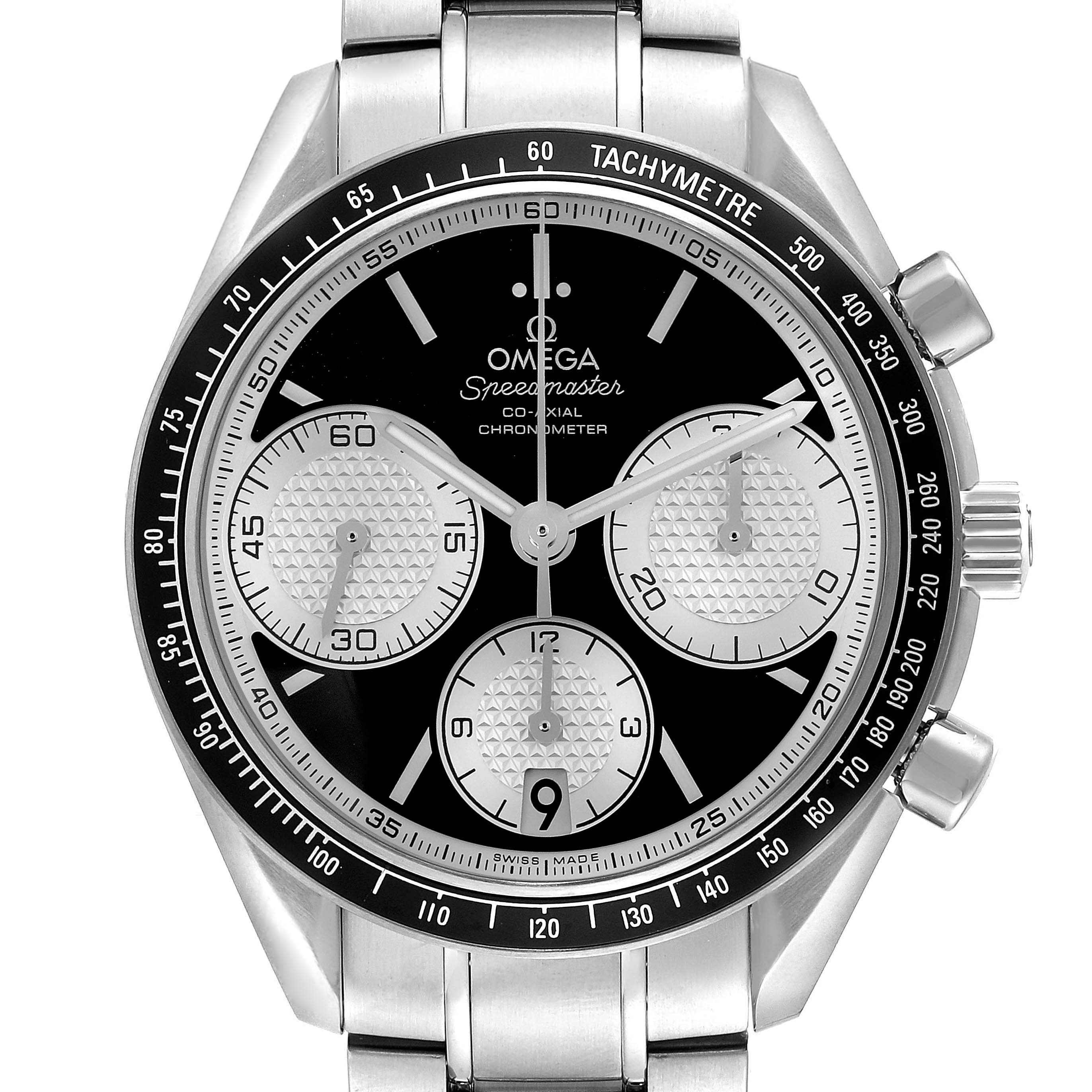 The Omega Speedmaster 326.30.40.50.01.002 Men's Stainless Steel Black Dial 326.30.40.50.01.002 Men's Stainless Steel Black Dial watch is shown from a front angle, highlighting the dial, subdials, and tachymeter bezel.